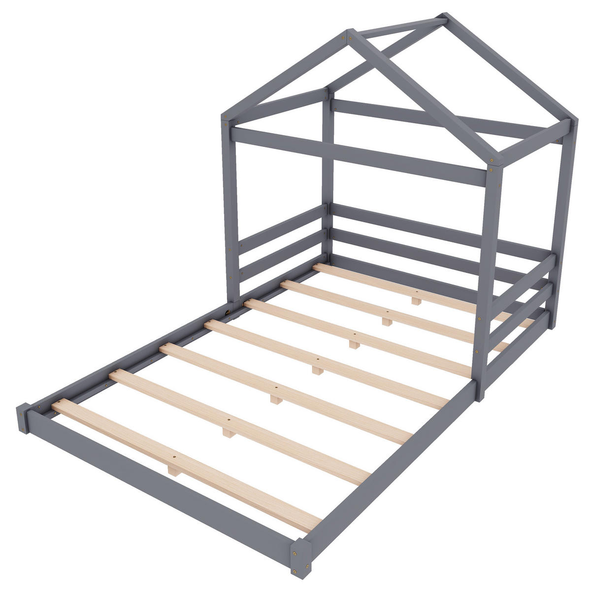 HAUSBETT aus Kiefernholz und MDF 140x200 cm Grau mit Lattenrost in Hausform - Grau, Holzwerkstoff (140/200cm) - Modfu
