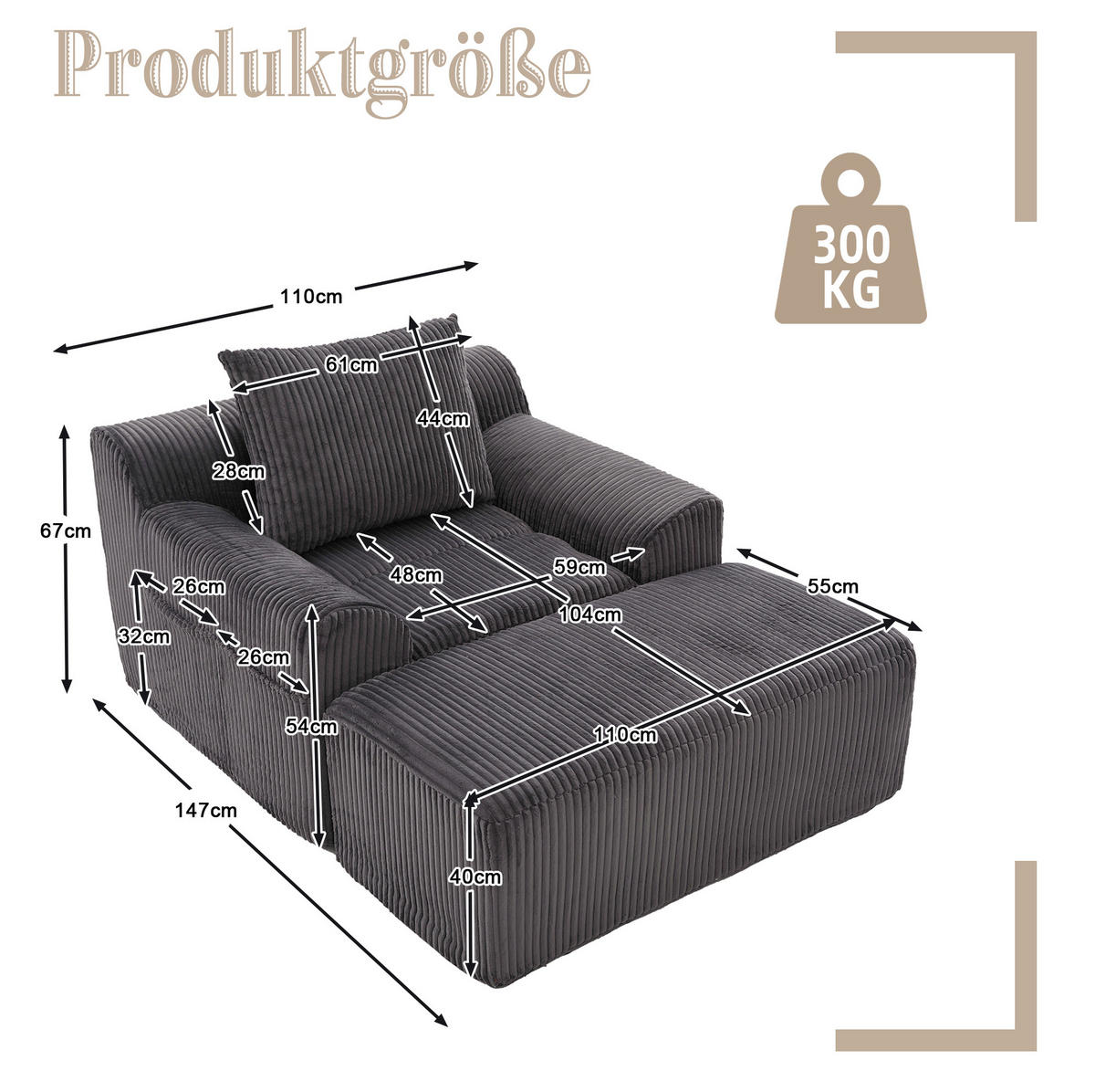 SESSEL aus Kord 147x110x67 cm Dunkelgrau mit Fußhocker, Seitentaschen und montagefreiem Komfort - Dunkelgrau, Textil (110/67/147cm) - Modfu