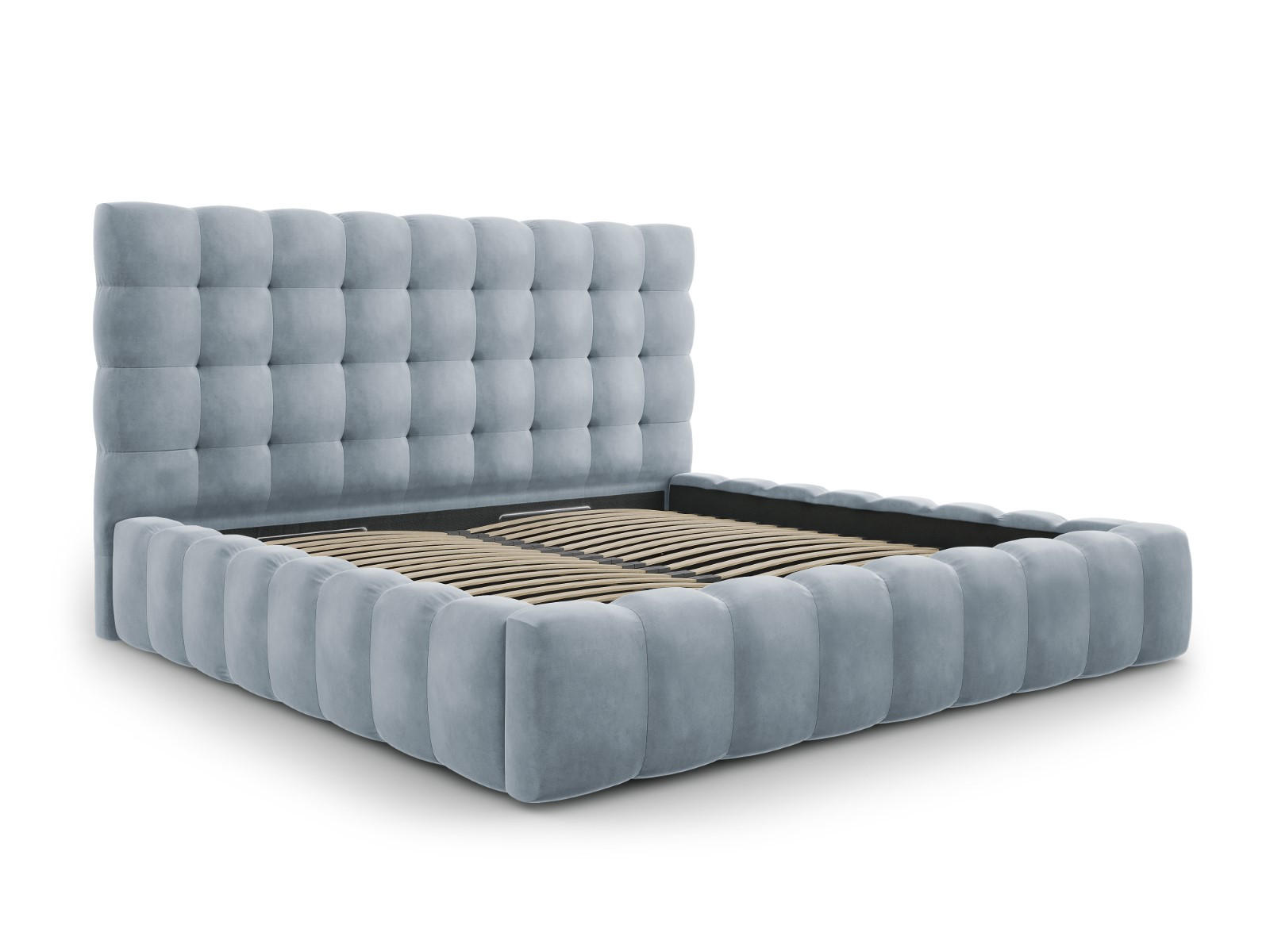 BETT mit Bettkasten und Kopfteil Mamaia aus Samt hellblau 200x200cm - Hellblau, Textil (200/200cm) - Micadoni