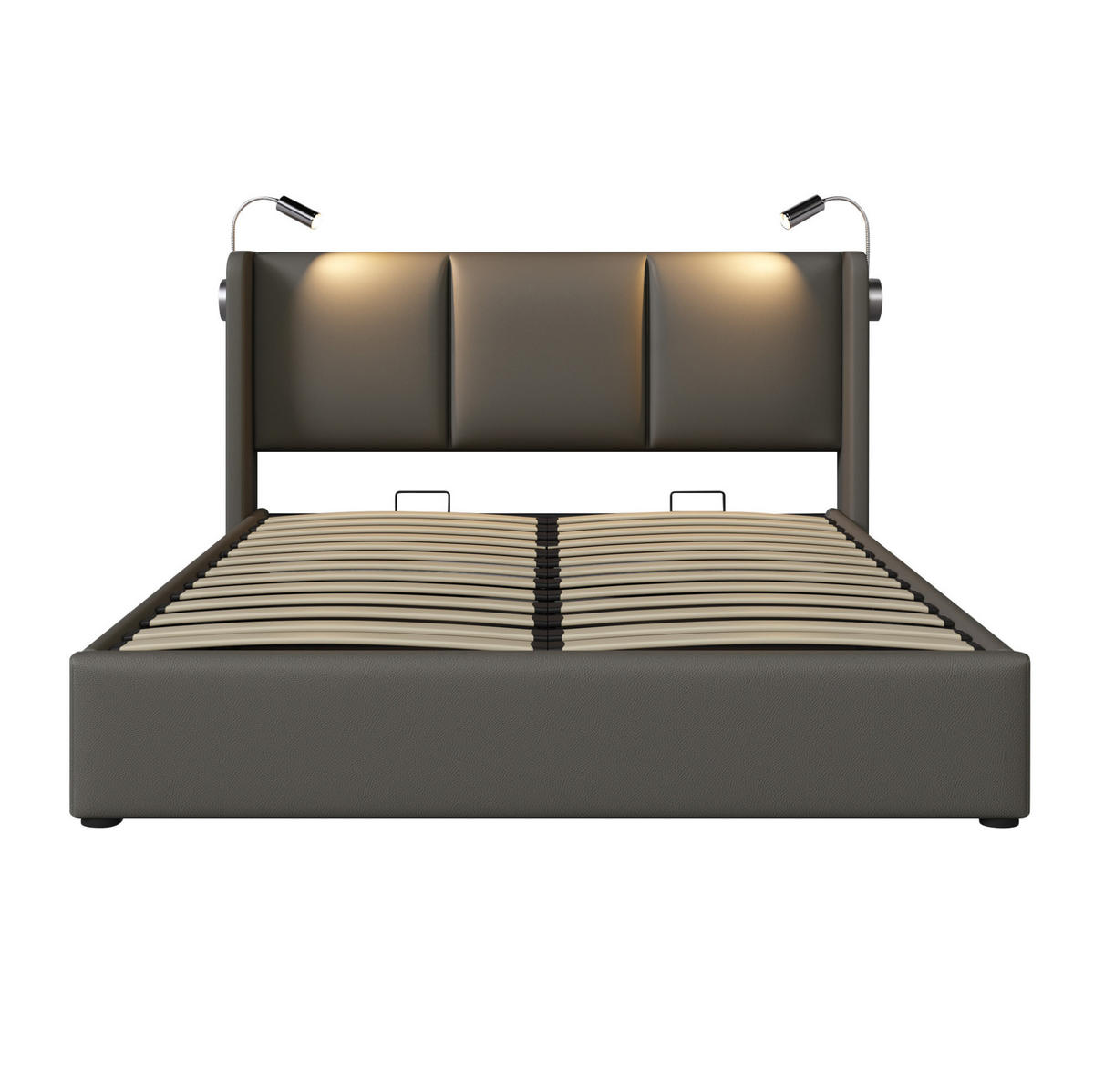 POLSTERBETT aus PU 140x200 cm Grau mit Bettkasten, Leselampe, USB-Ladefunktion und Matratze - Grau, Leder (140/200cm) - IVMEU