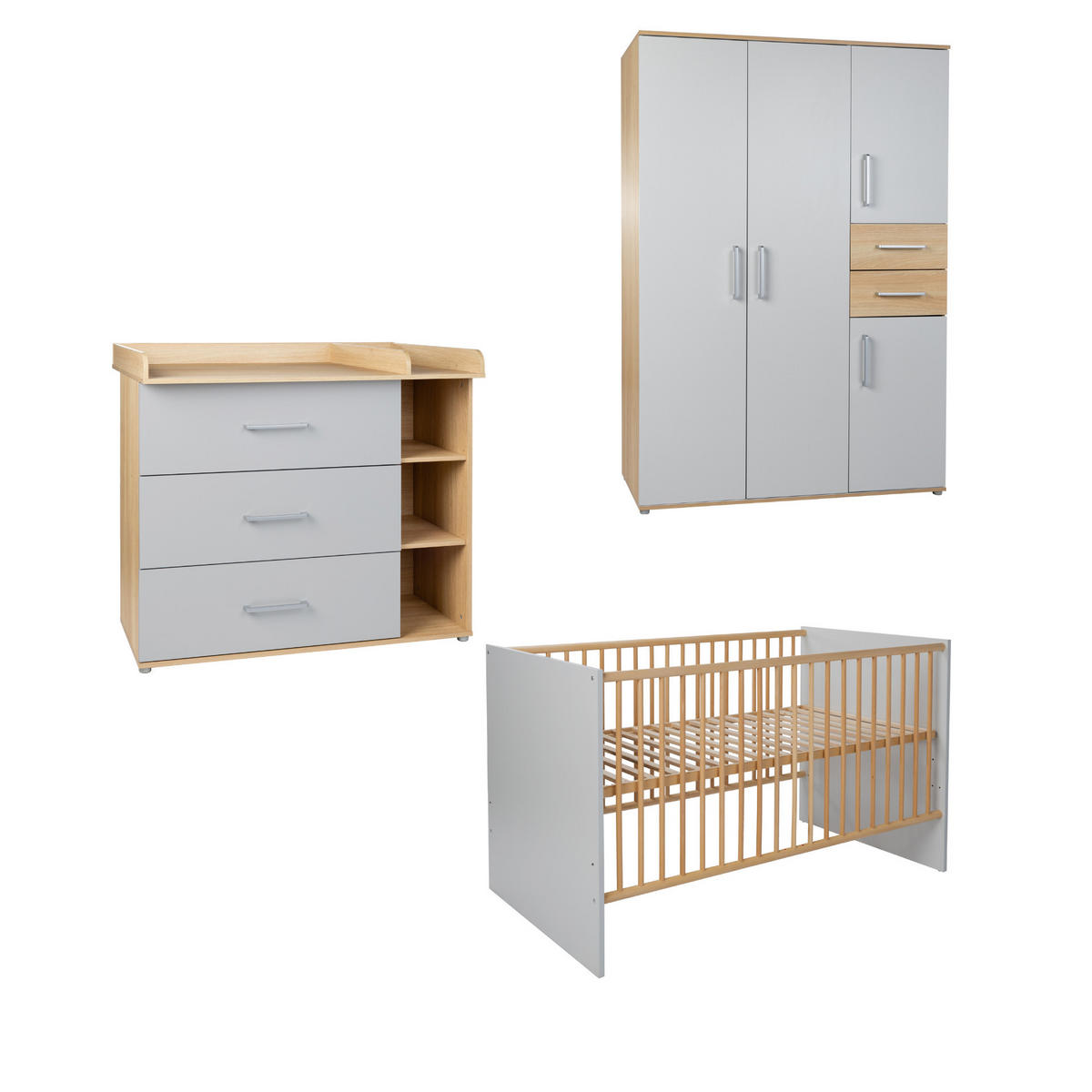 BABYZIMMER SET Elina 3-tlg. - Eichefarben/Silberfarben, Holzwerkstoff/Kunststoff (1/1/1cm) - arthur berndt