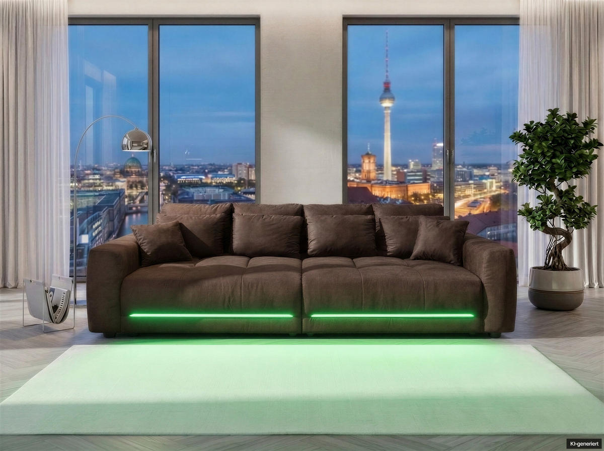 BIG-SOFA Federkern B294/T136/H86 cm, RGB-LED-Beleuchtung mit Fernbedienung, Mikrofaserstoff in Braun / 15417 - Schwarz/Braun, Kunststoff/Textil (294/86/136cm) - luma-home