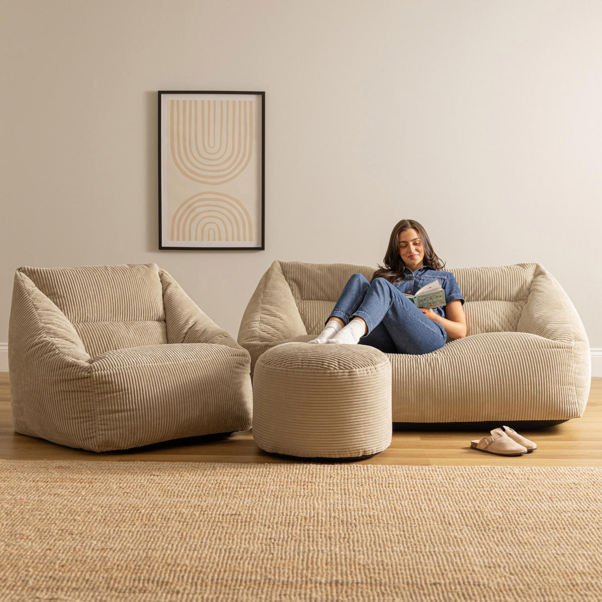 SITZSACK Sofa mit Sessel und rundem Hocker Cecilia - Beige, Textil (160/35/93cm) - icon