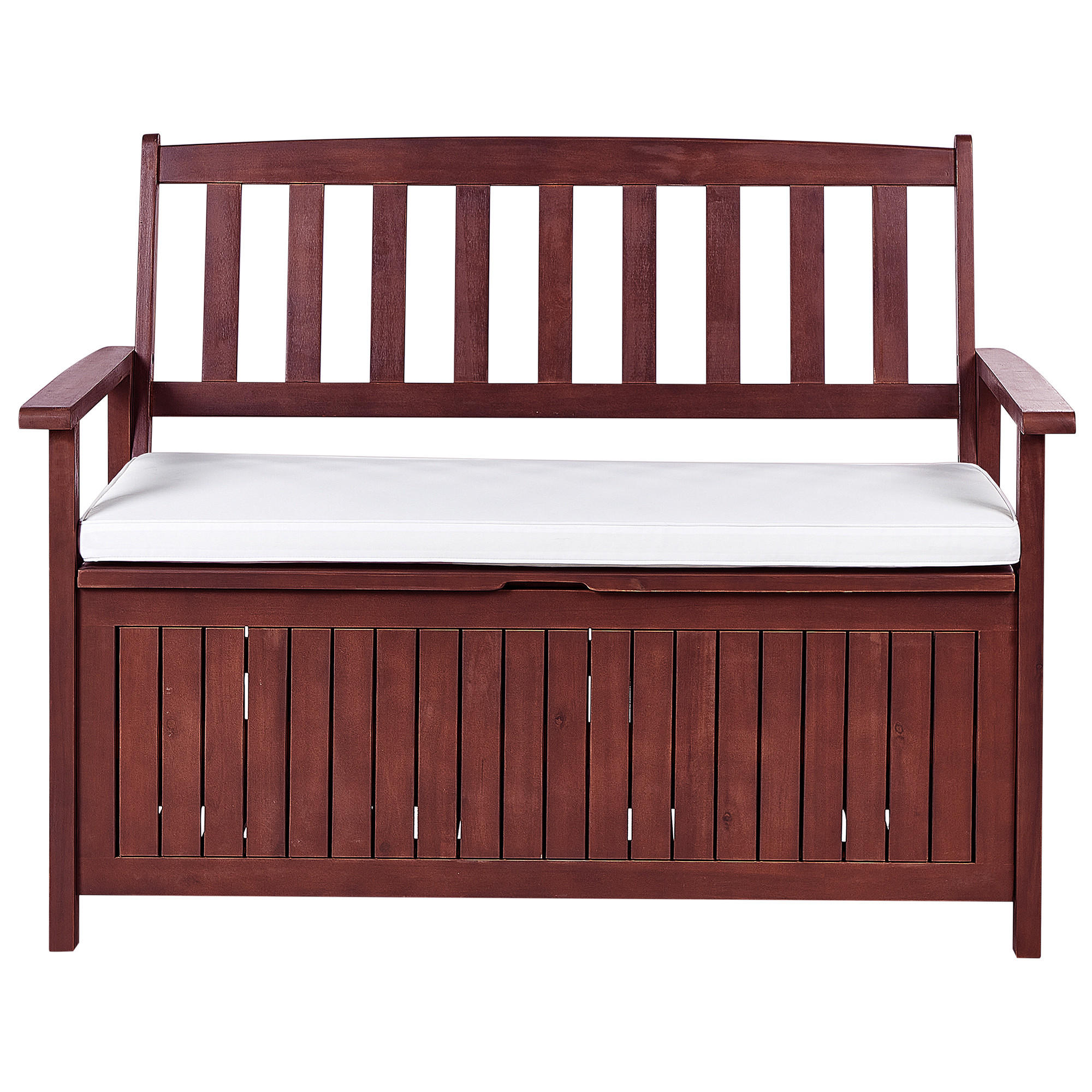 GARTENBANK Akazienholz mahagonibraun mit Stauraum Auflage cremeweiß 120 cm Sovana - Rotbraun/Creme, Holz (120/91/60cm) - Beliani