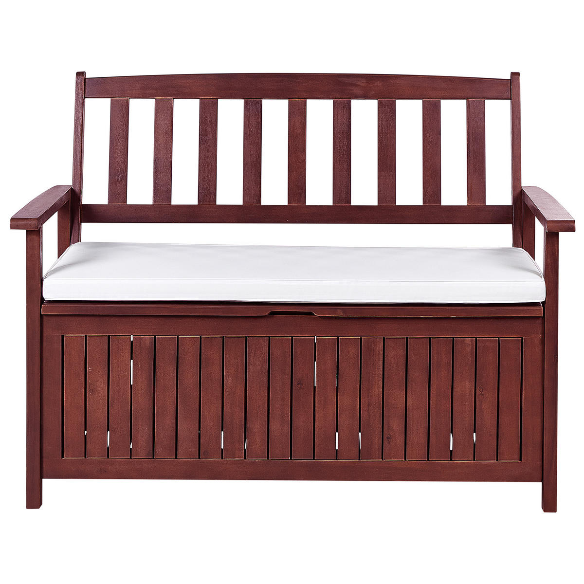 GARTENBANK Akazienholz mahagonibraun mit Stauraum Auflage cremeweiß 120 cm Sovana - Rotbraun/Creme, Holz (120/91/60cm) - Beliani