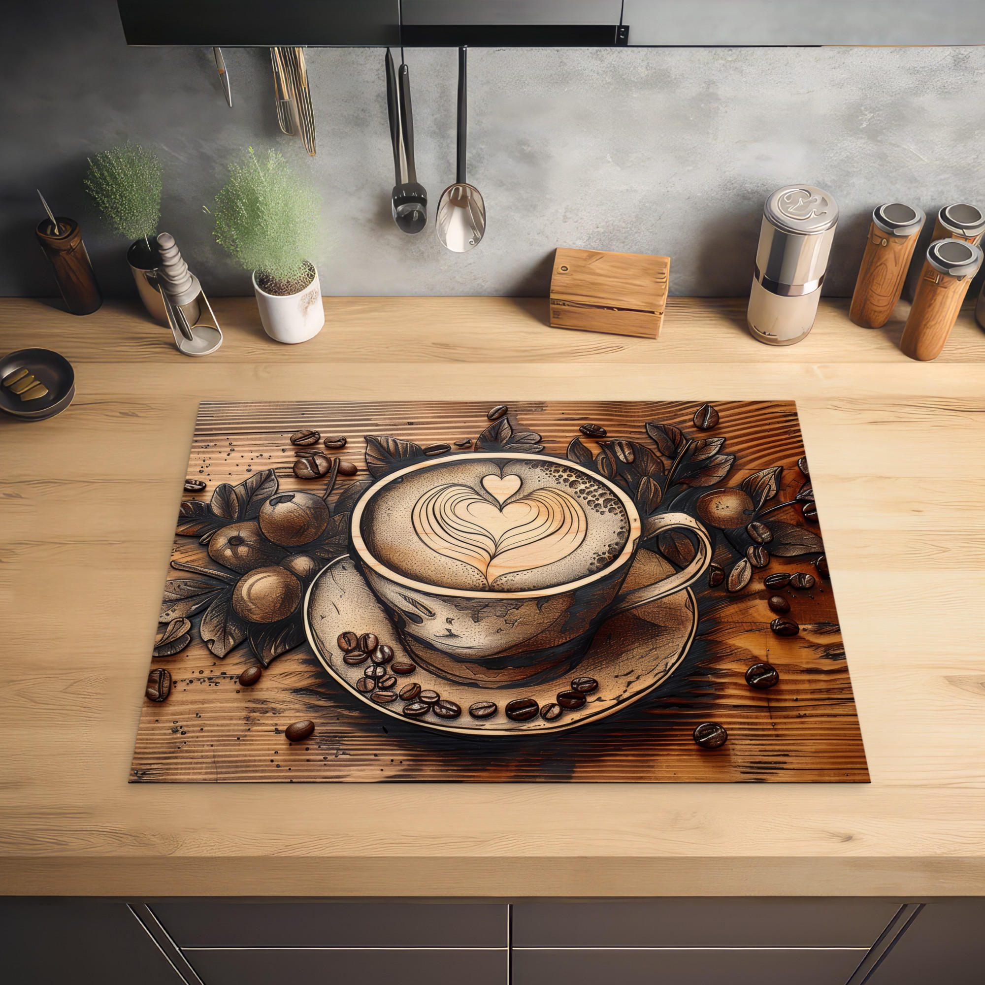 HERDABDECKPLATTE Kaffee - Vintage - Braun - Tasse - Holz 71x52 cm - Cappuccino, Kunststoff (71/0.2/52cm) - MuchoWow