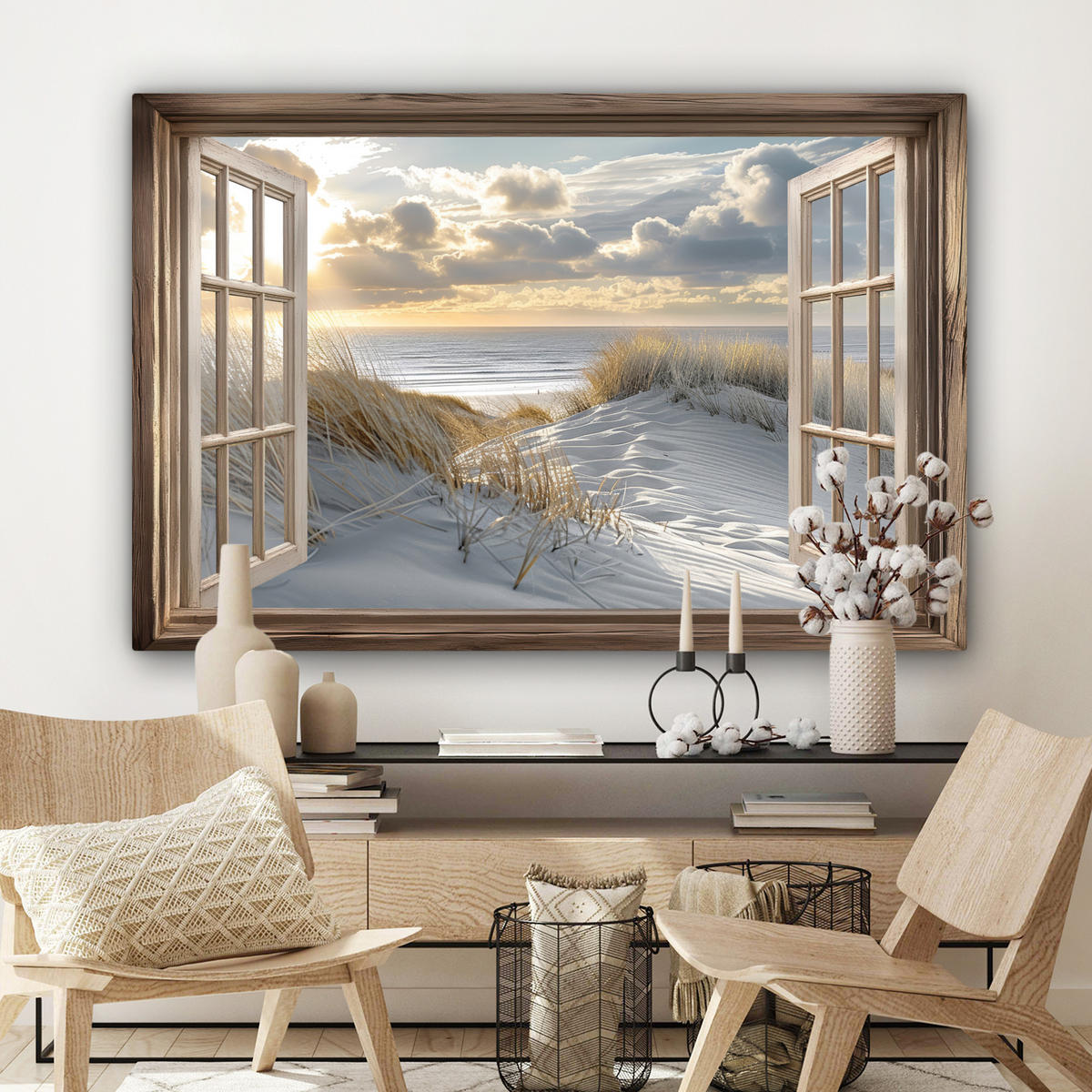 LEINWANDBILD Ausblick - Strand - Dünen - Meer - Natur Wohnzimmer Groß 120x80 cm - Sandfarben, Textil (120/80cm) - MuchoWow