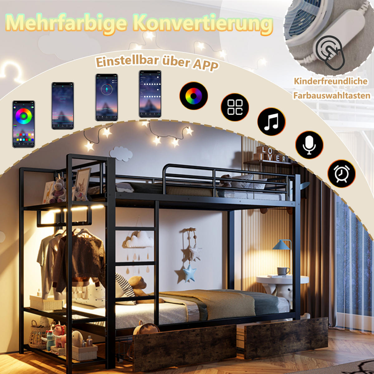 ETAGENBETT aus Metall und MDF 90x200 cm Schwarz mit LED-Beleuchtung, Schubladen und Regalen - Schwarz, Metall (90/200cm) - IVMEU