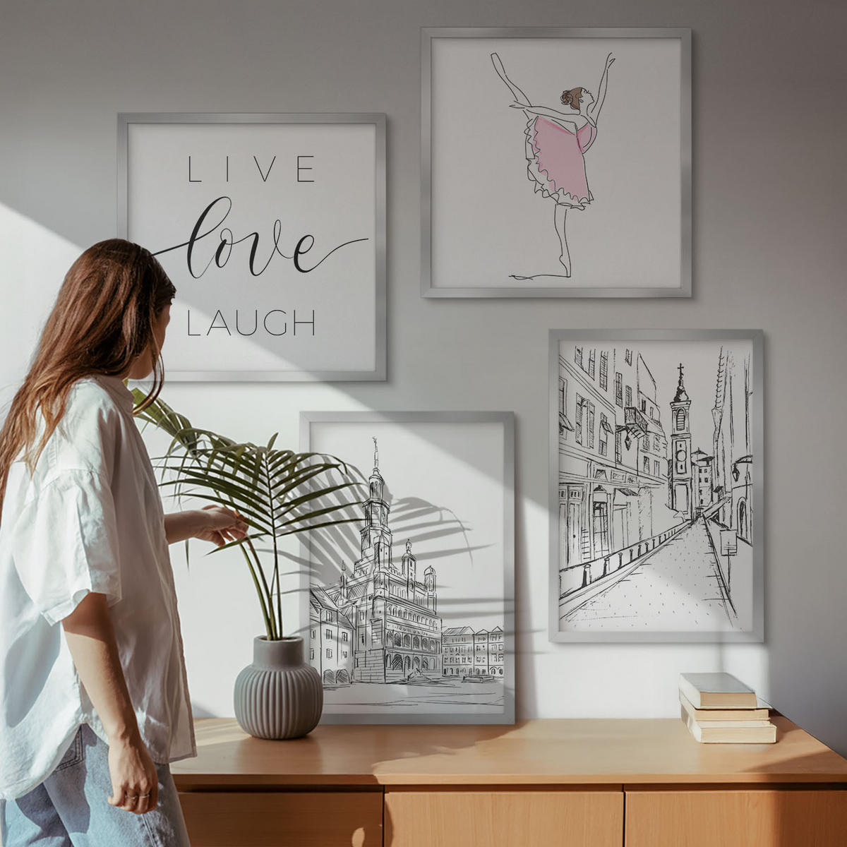 BILDER SET 4er Set - 50x50 cm & 40x60 cm Silberner Rahmen - Stilvolle Grafik, Ballerina-Architektur - Silberfarben, Kunststoff (50/50cm) - TULUP