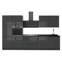 KÜCHENZEILE Fame-Line, Anthrazit Hochglanz/Anthrazit, 340 cm ohne Arbeitsplatte - Schwarz Hochglanz/Anthrazit, Holzwerkstoff (340/206.8/51.6cm) - Vicco