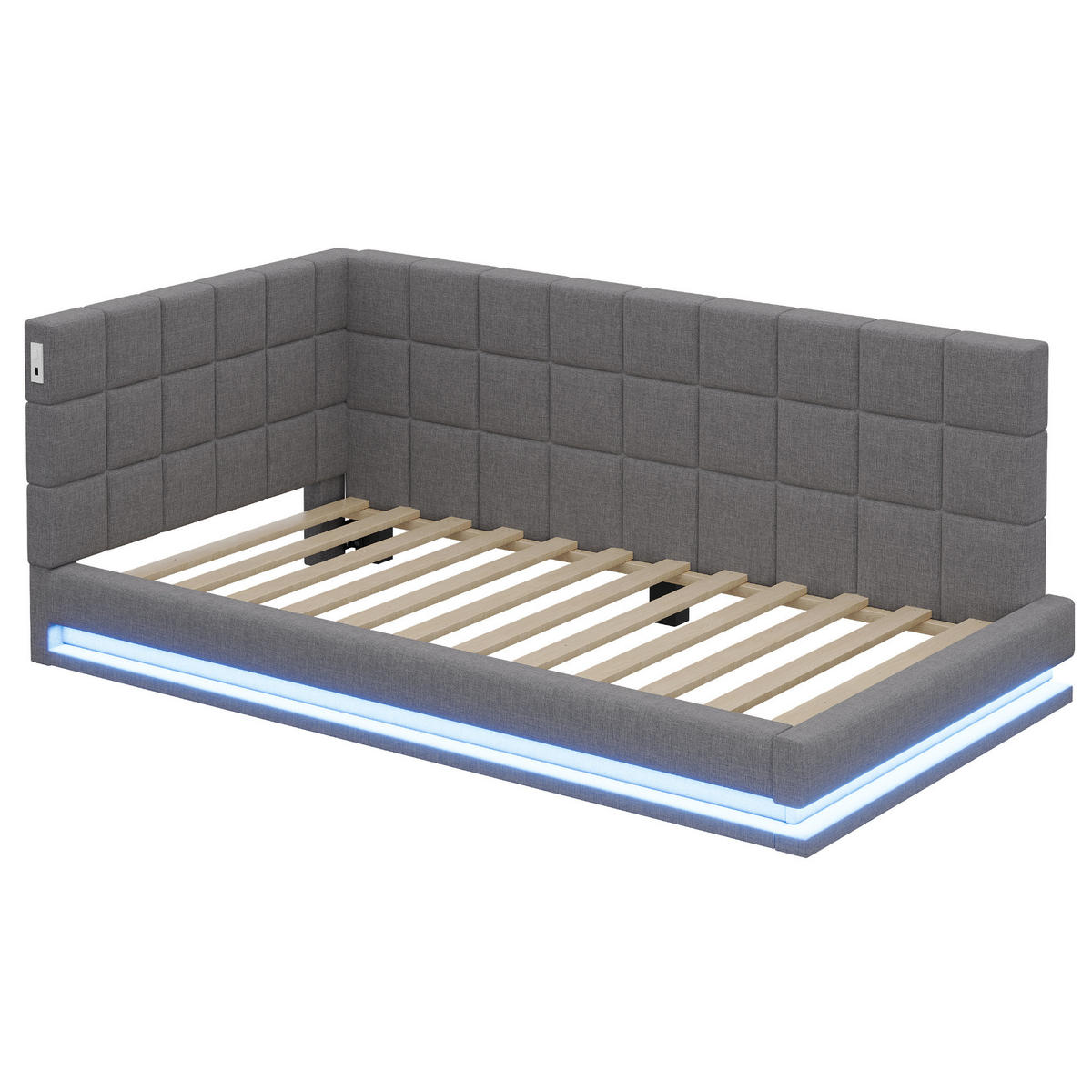 POLSTERBETT 90/200 cm Grau mit LED-Beleuchtung und USB- und Type-C-Anschlüssen - Grau, Textil (90/200cm) - Flora Grace