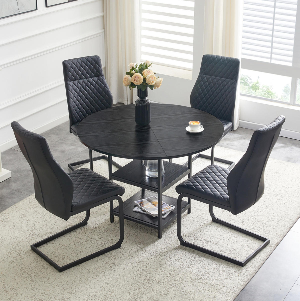 ESSTISCH-SET 4er-Set rund 107 cm Schwarz MDF Metall - Schwarz, Metall (107/75/107cm) - Meubliv