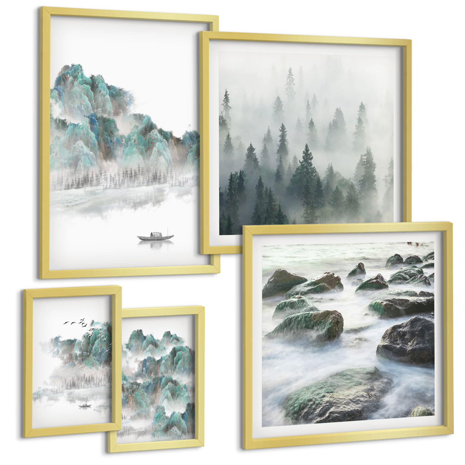 BILDER SET 5er Set - 50x50 cm & 20x30 cm & 40x60 cm Goldrahmen - Sommerwiesenblumen Sonnenuntergang - Goldfarben, Kunststoff (40/60cm) - TULUP