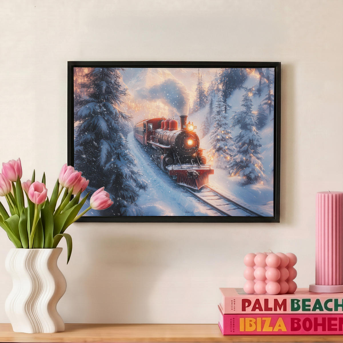 LEINWAND Bilder mit Rahmen - Weihnachtszug - Schnee - Winter - Weihnachten - 40x30 - Dunkelrot, Textil (40/30cm) - MuchoWow