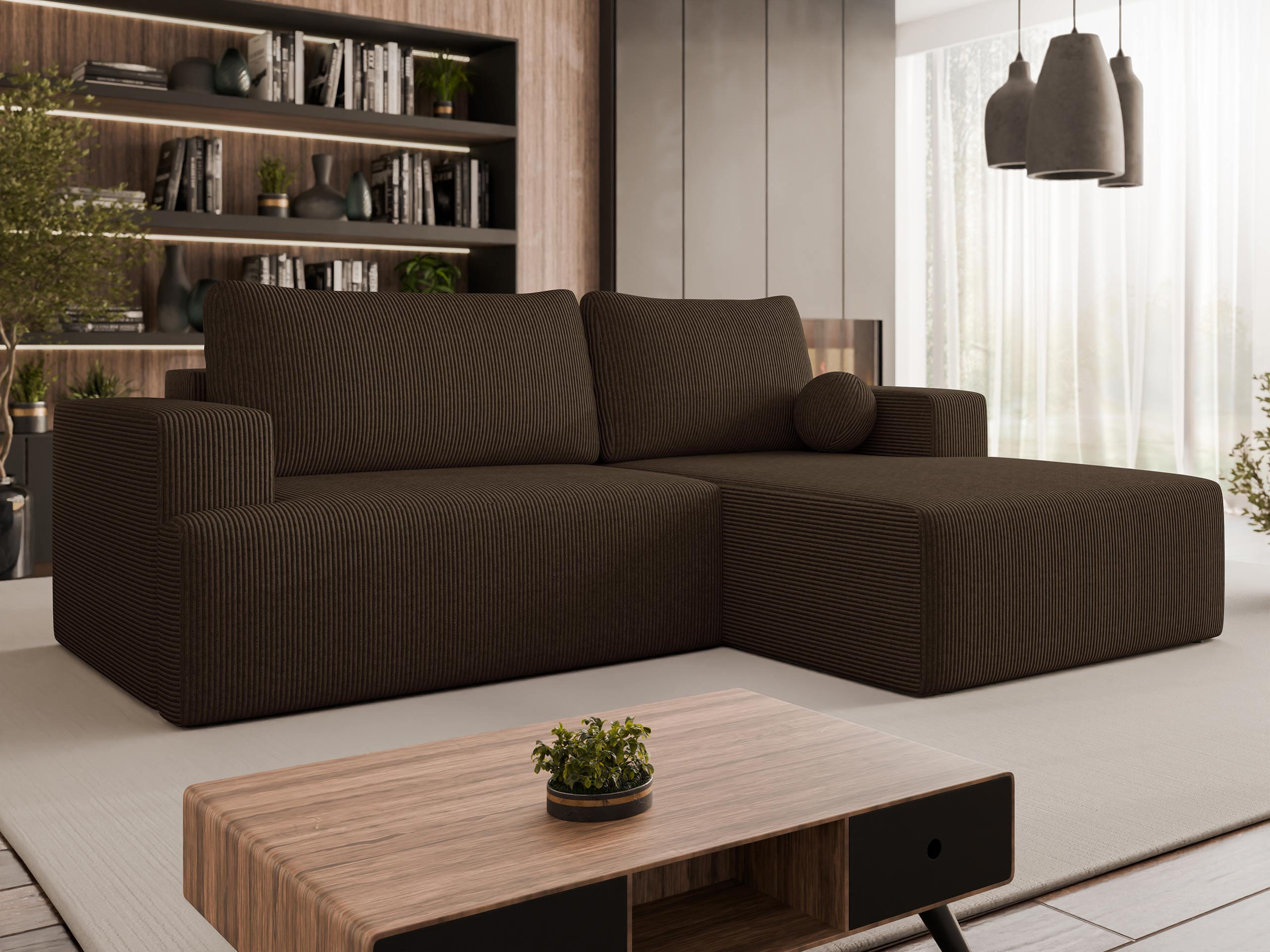 ECKSOFA Mivo Cord, Seite: Rechts - Schwarz/Braun, Holz/Kunststoff (266/163cm) - MIRJAN24