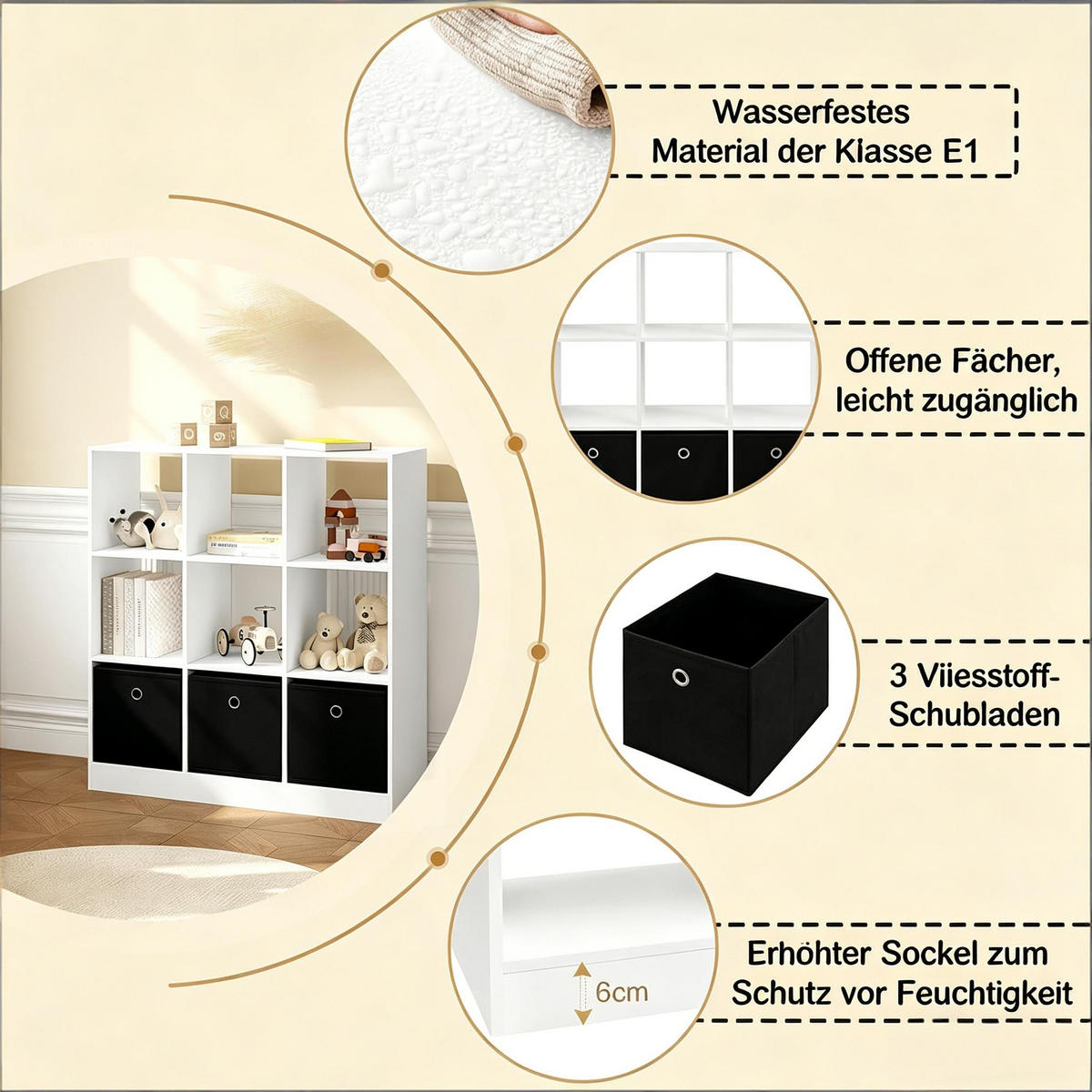 BÜCHERREGAL Weiß/Schwarz mit 3 Stoffschubladen 80/30/86,5 cm - Schwarz, Holzwerkstoff (80/86.5/30cm) - PANGIVO
