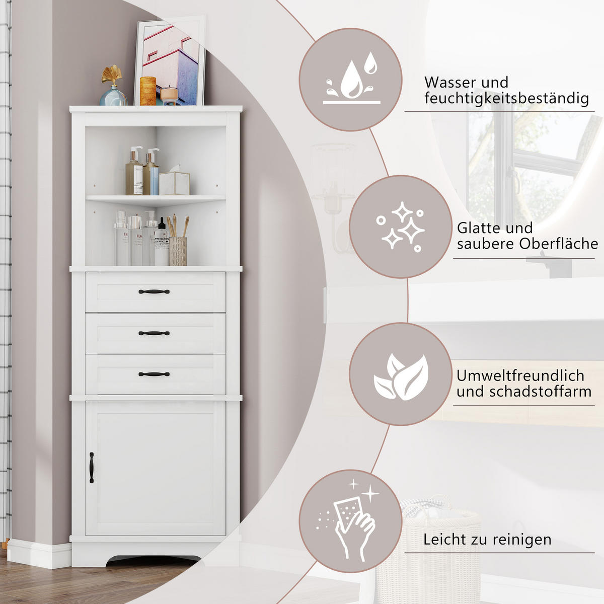 ECKSCHRANK BADEZIMMER Weiß mit 3 Schubladen & offenen Fächern - Weiß, Holzwerkstoff (57.7/167.5/46cm) - Urban Meuble
