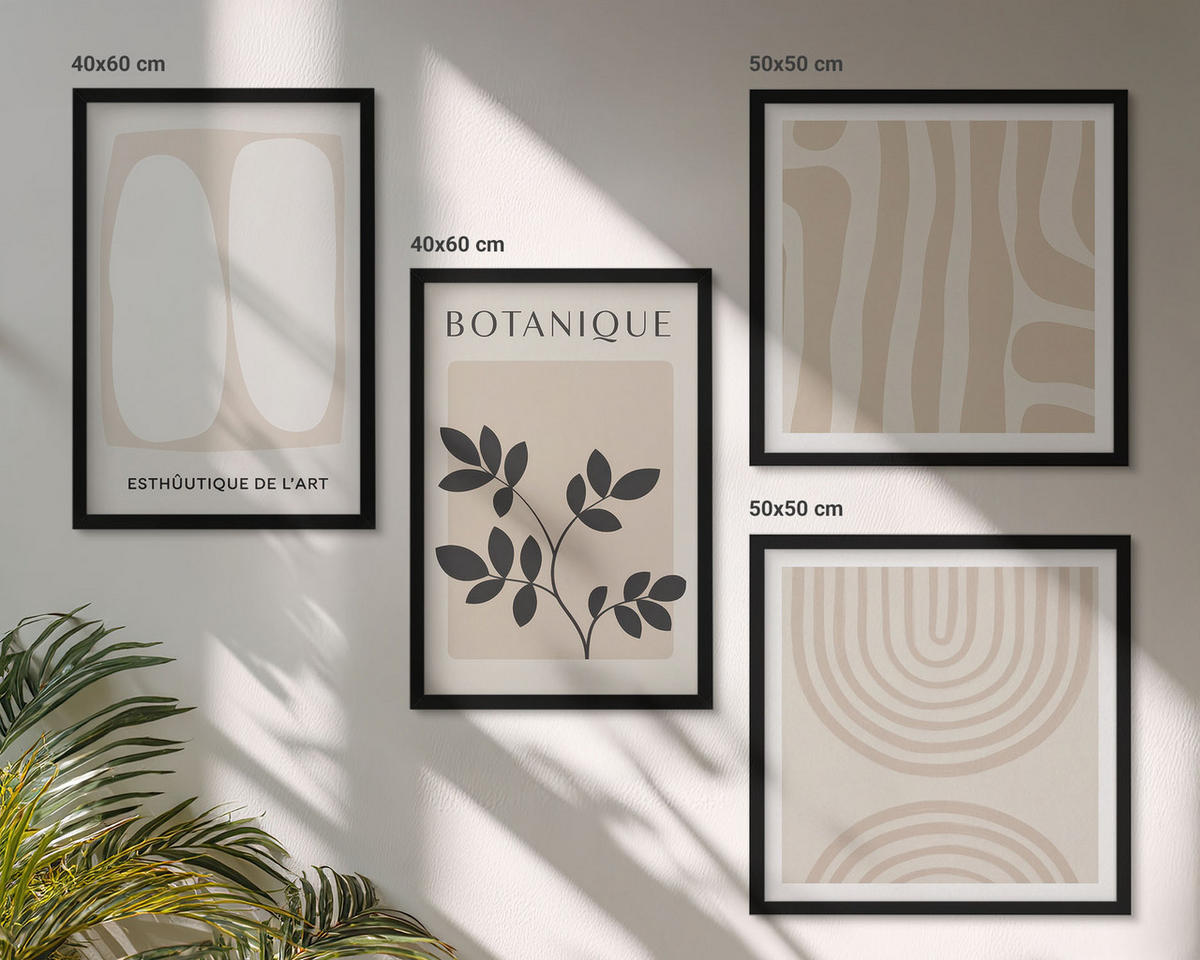 BILDER SET 4er Set - 50x50 cm & 40x60 cm Schwarzer Rahmen - Boho-Pflanzenposter - Schwarz, Kunststoff (50/50cm) - TULUP