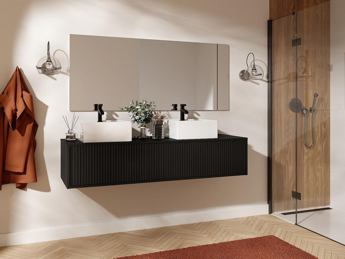 DOPPELWASCHTISCH - 150 cm x 47 cm - Holz, Platte - Schwarz - ARNEGA - Schwarz, Holz (150/32/47cm) - Vente-Unique