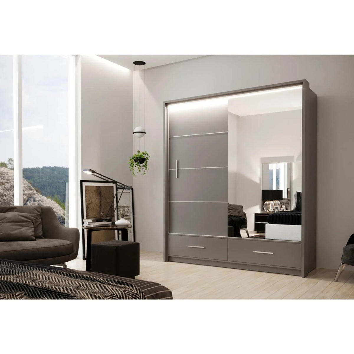 SCHWEBETÜRENSCHRANK Marsylia mit Spiegel und Schubladen, graphitfarben, 208 cm - Graphitfarben, Holzwerkstoff (208/225/61cm) - Beautysofa