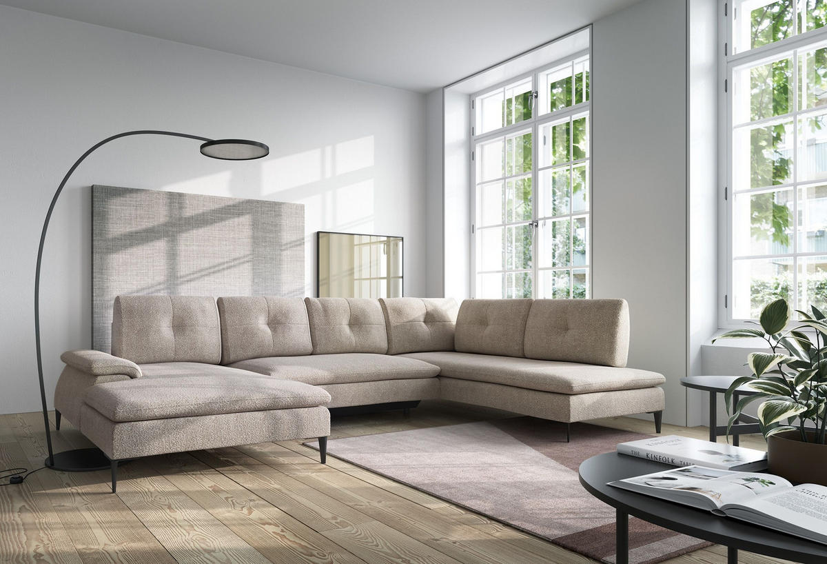 WOHNLANDSCHAFT BREZZA Beige Plüsch-Stoff mit Schlaffunktion - Beige, Holz (350/87/205cm) - MASSENO