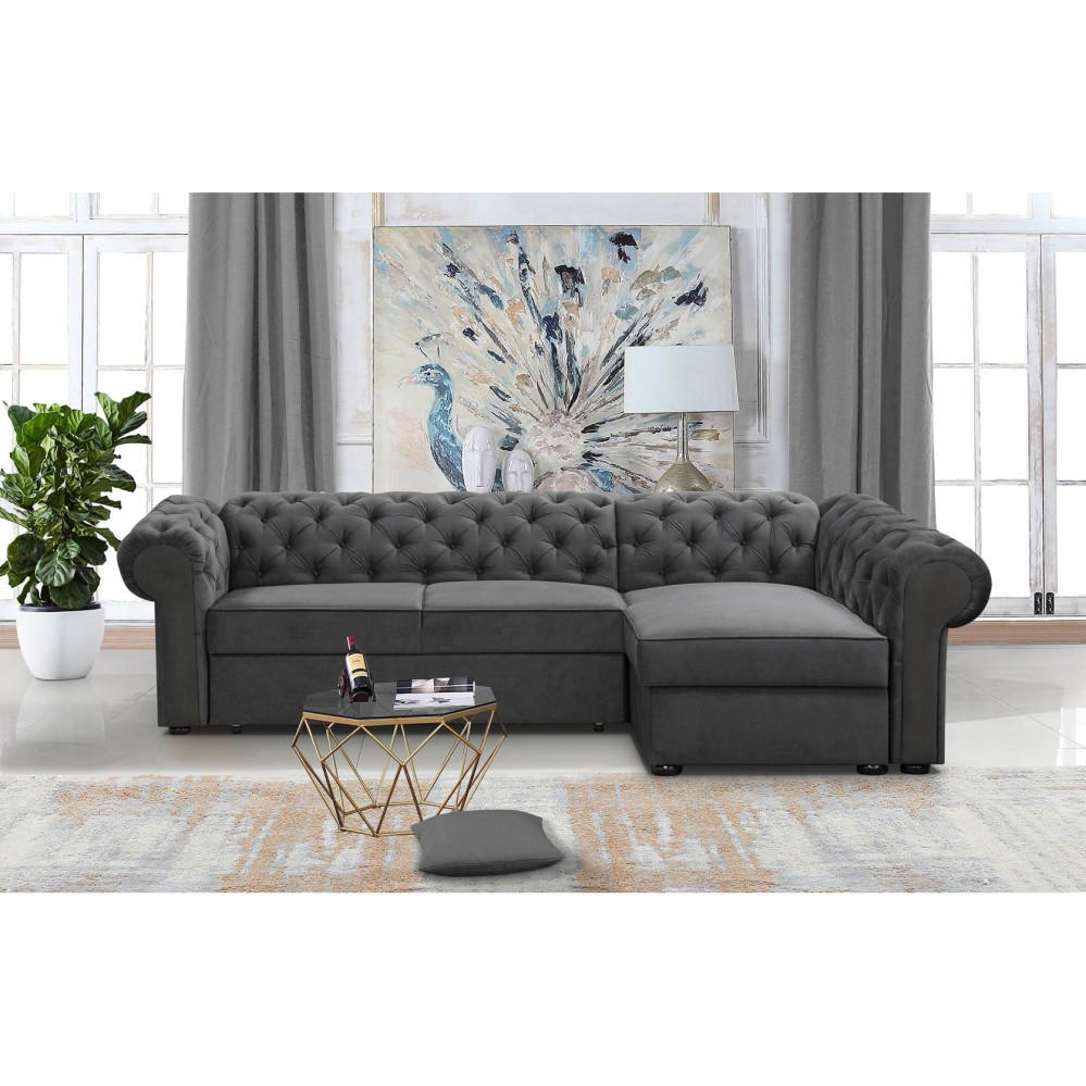ECKSCHLAFSOFA Chester im Chesterfield-Stil, Grau, rechts - Schwarz/Grau, Textil (278/173cm) - Beautysofa
