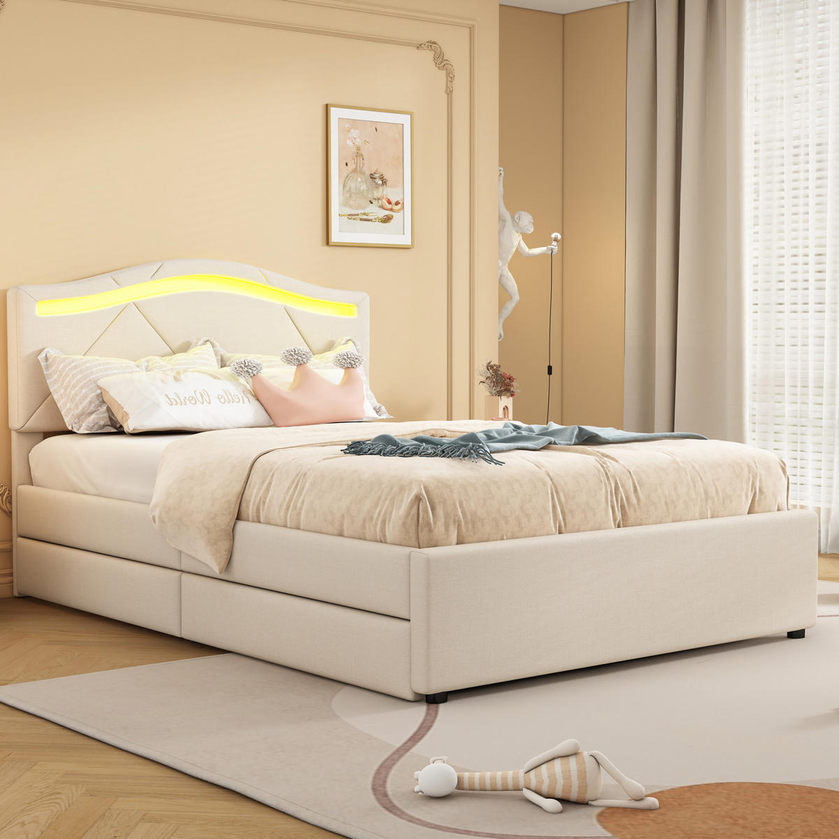 POLSTERBETT aus Leinen 90x200 cm in Beige mit LED-Beleuchtung & 2 Schubladen - Beige, Textil (90/200cm) - Modfu