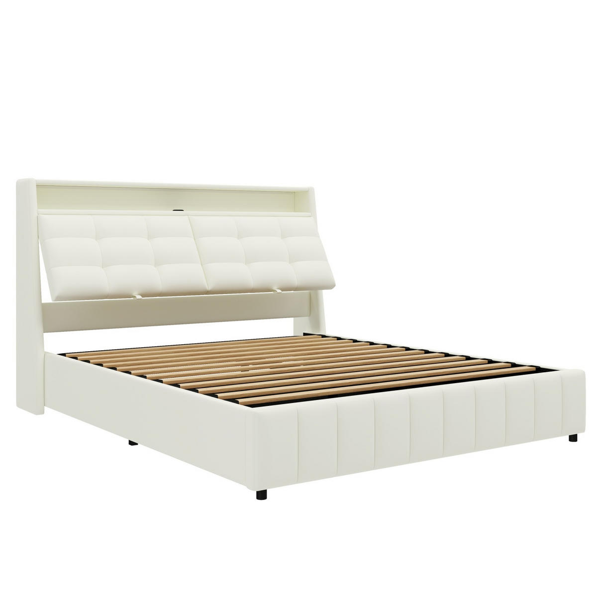 POLSTERBETT 160/200 cm mit LED-Beleuchtung, USB und gepolstertem Kopfteil - Weiß, Textil (160/200cm) - BEAOK