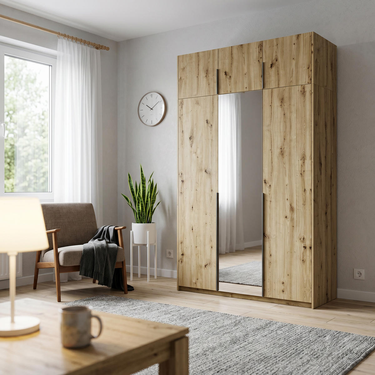DREHTÜRENSCHRANK THALIA 148/250/58cm 3-türig mit Spiegel Eiche Artisan - Eiche Artisan, Holzwerkstoff (148/250/58cm) - MASSENO