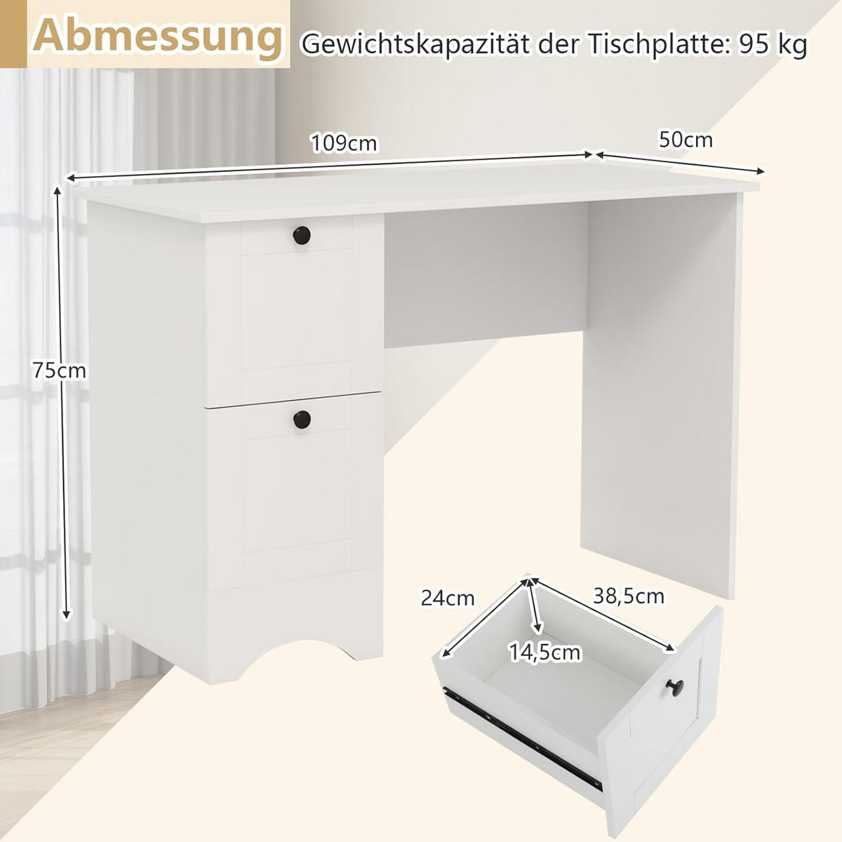 DATORBORD vitt - Vit, Träbaserade material (50/109/75cm) - COSTWAY