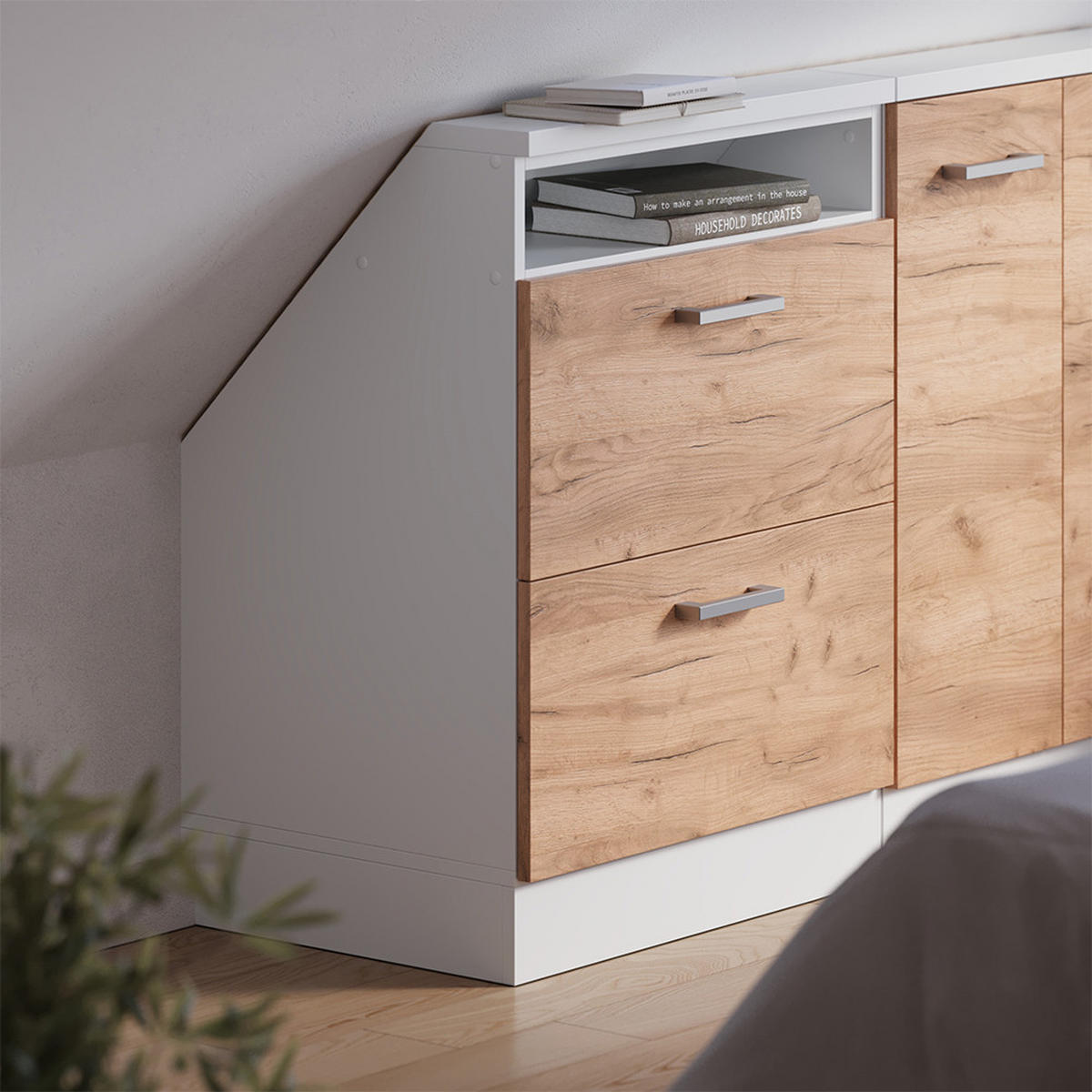 DACHSCHRÄGENSCHRANK Rion Goldkraft Eiche/Weiß mit 2 Schubladen - Honigeiche/Weiß, Holzwerkstoff (60/81.6/46cm) - Vicco