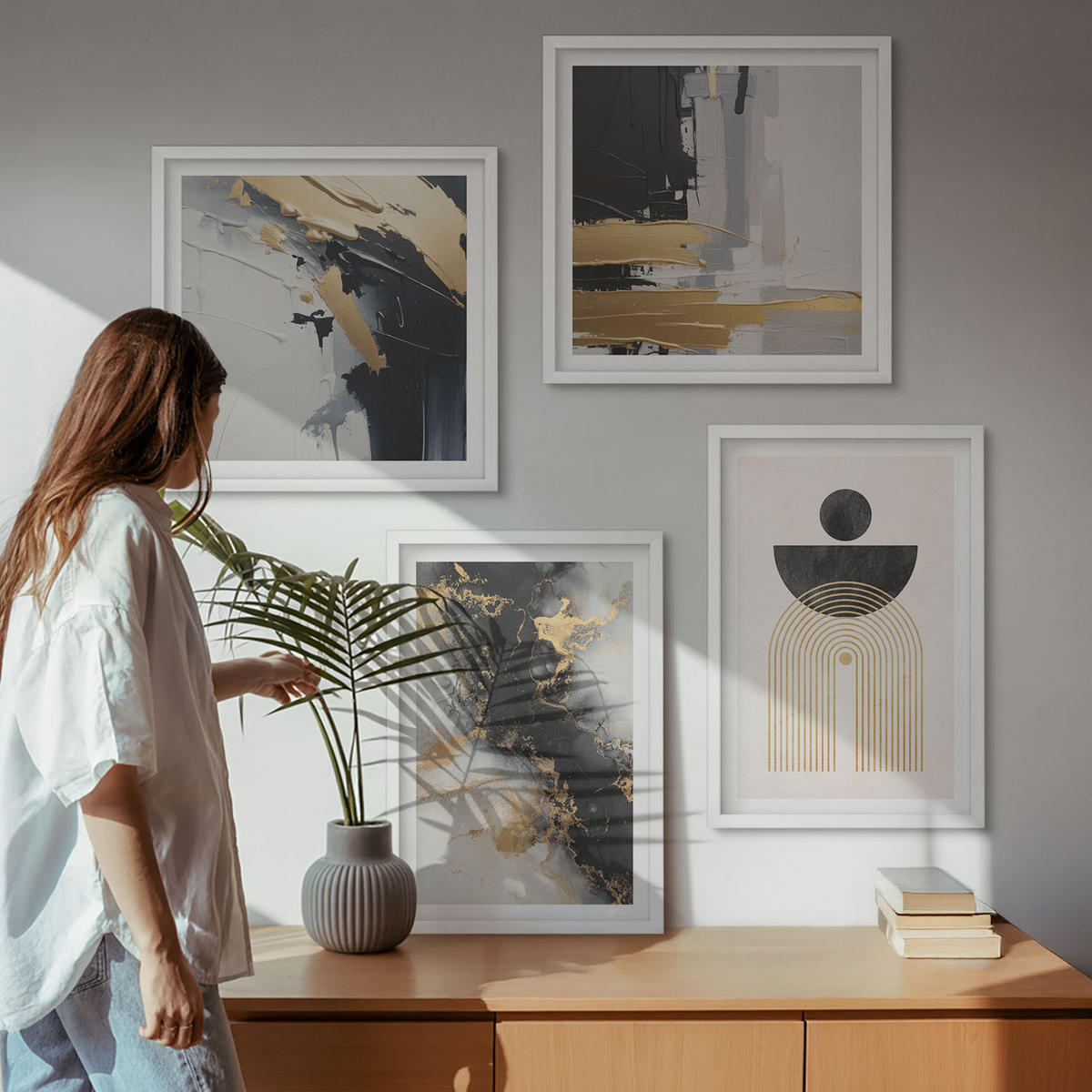 BILDER SET 4er Set - 50x50 cm & 40x60 cm Weißer Rahmen - Abstrakte Geometrie-Komposition - Weiß, Kunststoff (50/50cm) - TULUP