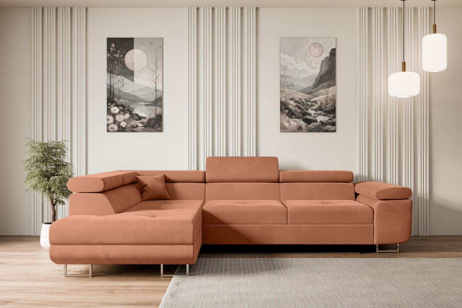 ECKSOFA mit Schlaffunktion und Bettkasten GUSA-L 272x202x107 cm Koralle Velours - Koralle/Silberfarben, Holzwerkstoff/Textil (202/272cm) - ALTDECOR