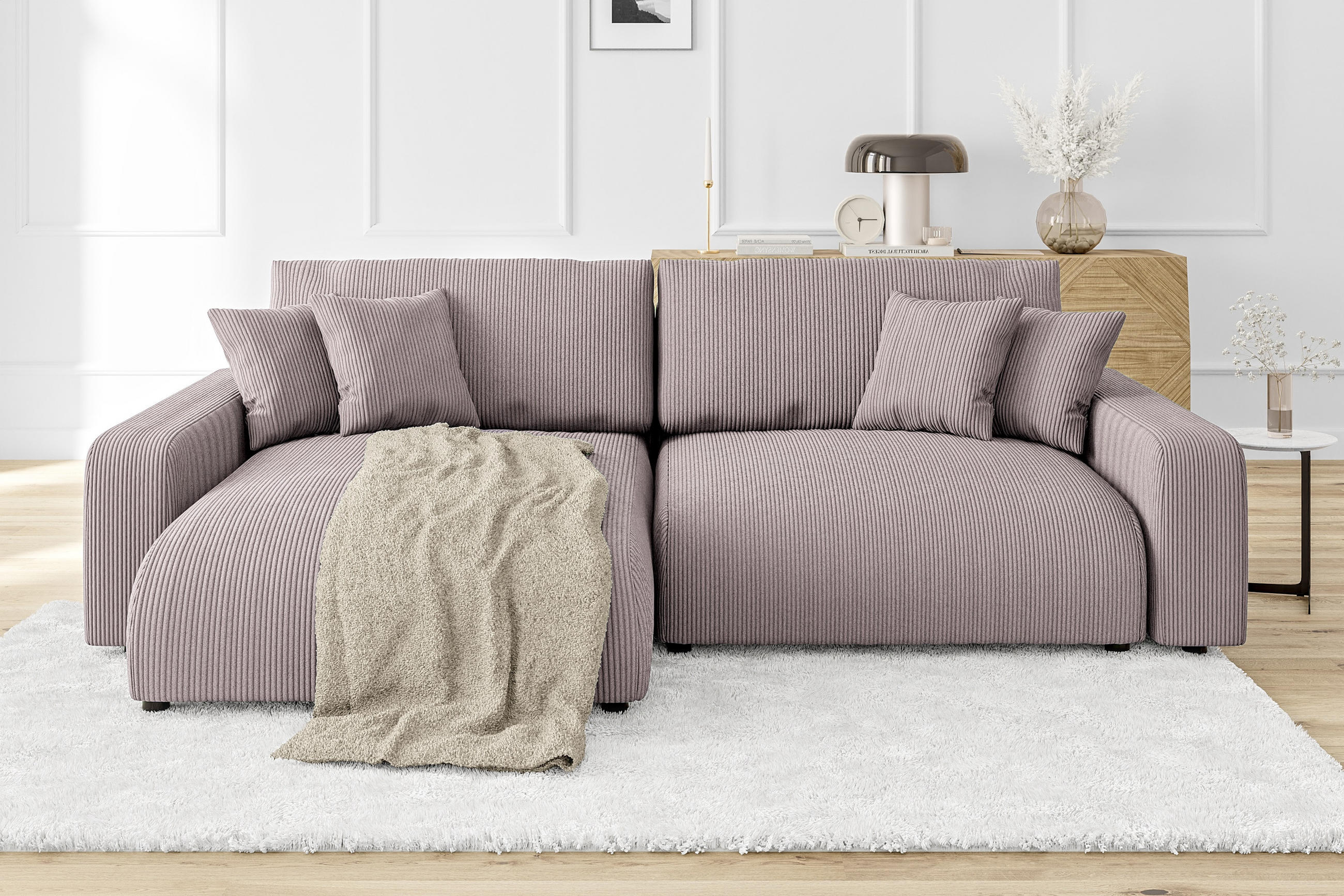 ECKSOFA Emma Puderrosa Cord - Ottomane links - Pink, Textil (234/170cm) - S-Style Möbel