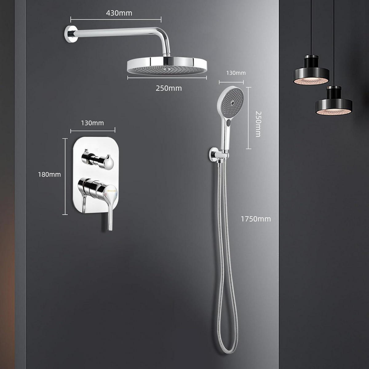 DUSCHARMATUR Set Unterputz 25 cm Regendusche mit Handbrause Chrom - Silberfarben, Metall (38/18/48cm)