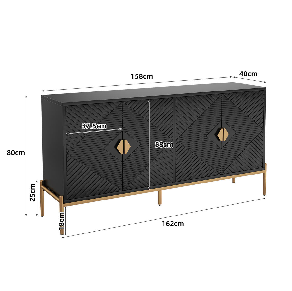 KOMMODE 162/80/40 cm Schwarz aus MDF und Holzwerkstoff mit 4 Türen - Schwarz, Holzwerkstoff (40/80/162cm) - OKMYHOME