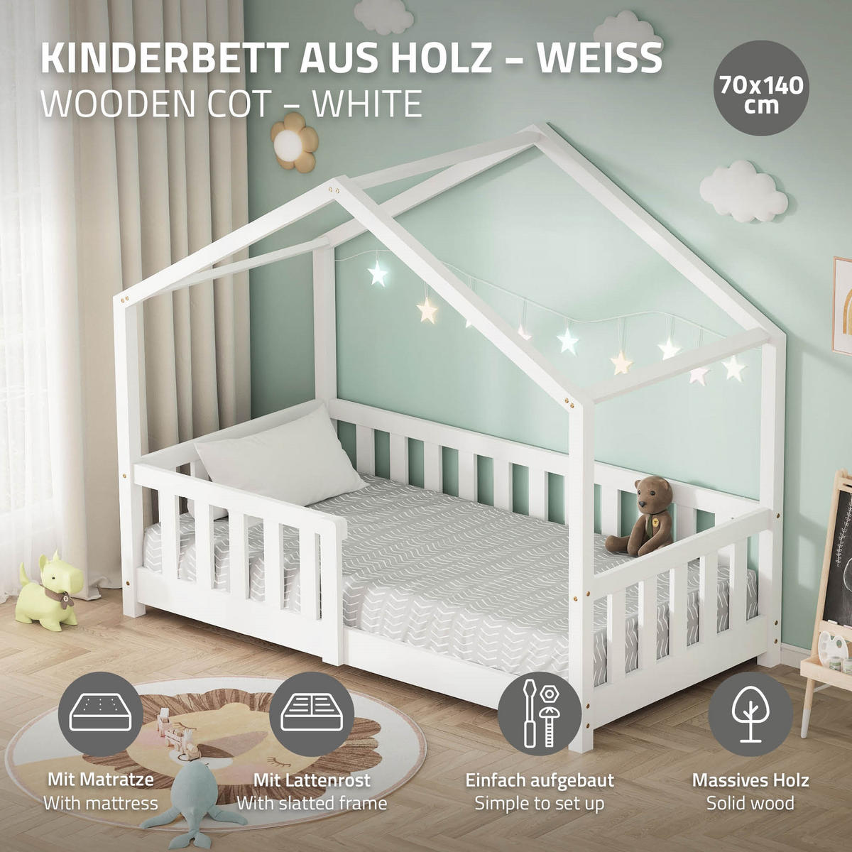 HAUSBETT mit Matratze 70x140 cm Weiß aus Kiefernholz mit Rausfallschutz - Weiß, Holz (70/140cm) - ML-DESIGN
