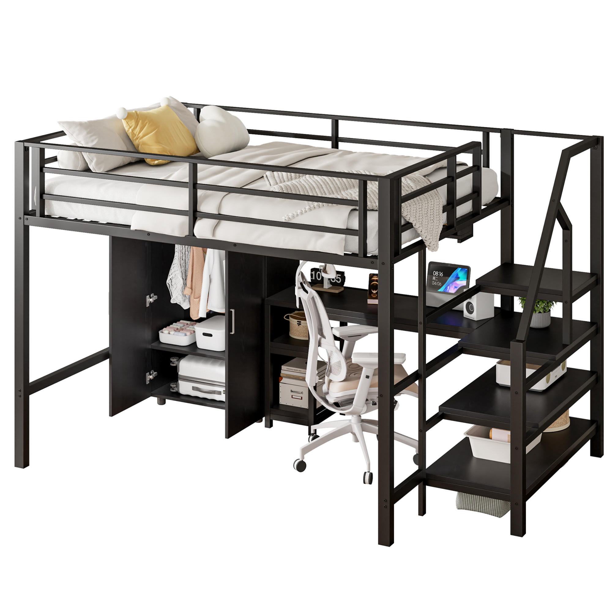 HOCHBETT 140/200 cm mit Kleiderschrank und Schreibtisch, Schwarz - Schwarz, Metall (140/200cm) - Flora Grace