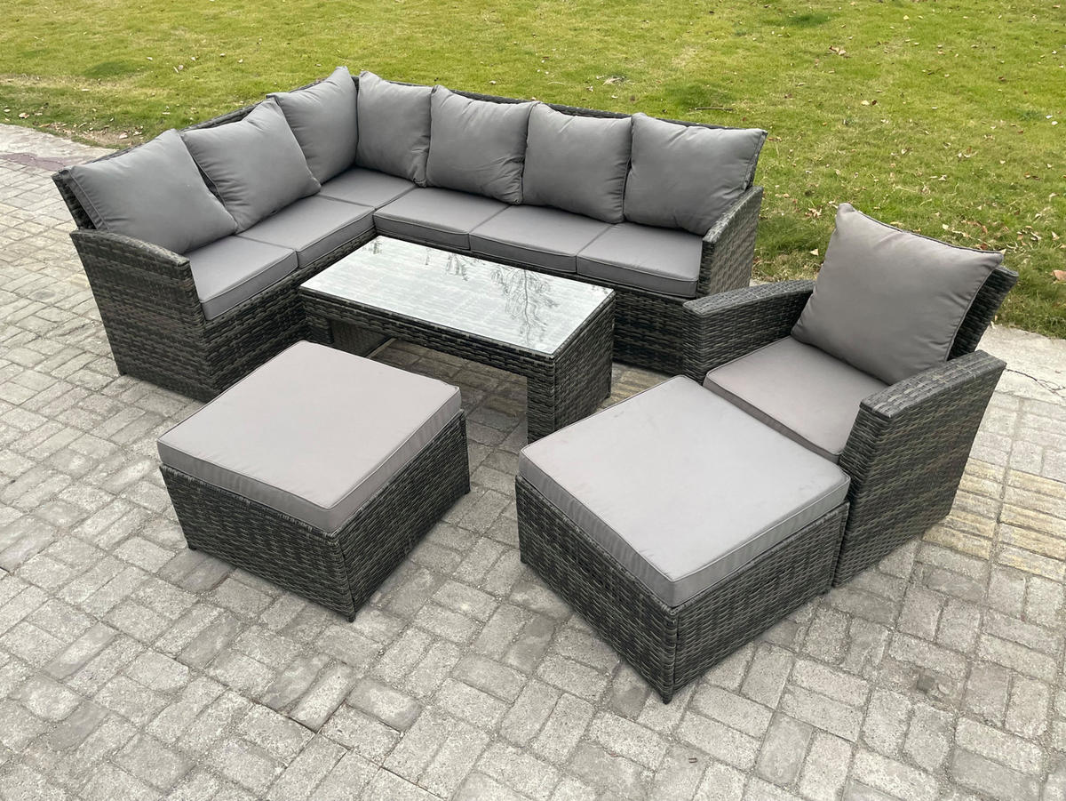 SITZGRUPPE mit Ecksofa,Länglicher Couchtisch ,2 Hockern,Stuhl Polyrattan 9-Sitzer - Dunkelgrau/Grau, Glas/Kunststoff - Fimous