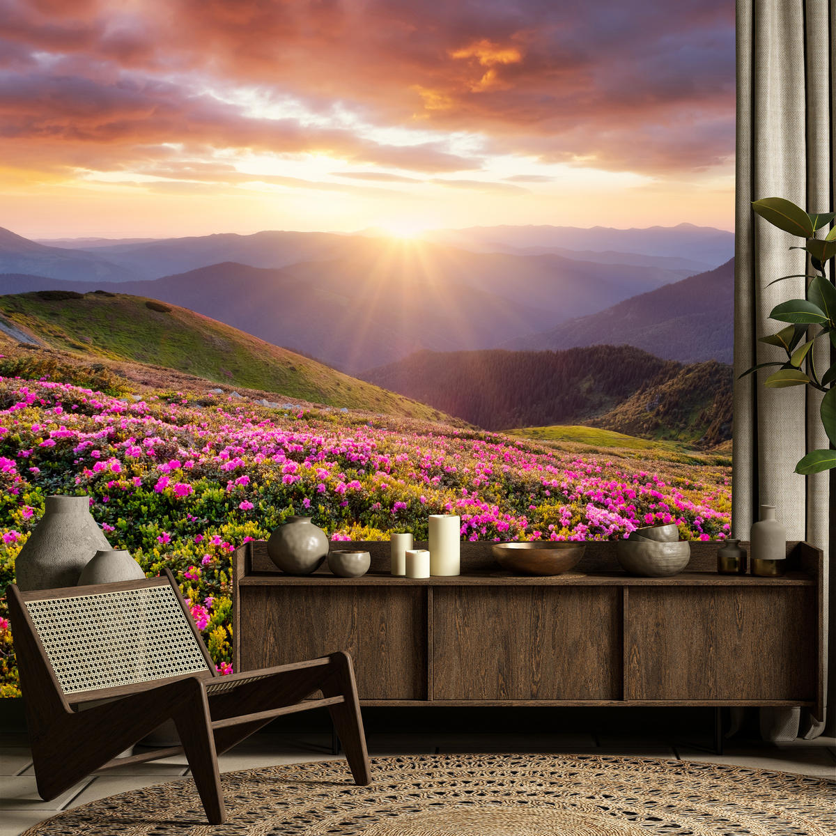 FOTOTAPETE für Wohnzimmer Sonnenuntergang Berge Wiese Blumen 450x315 - Violett/Rosa, Papier (450/315cm) - Muralo