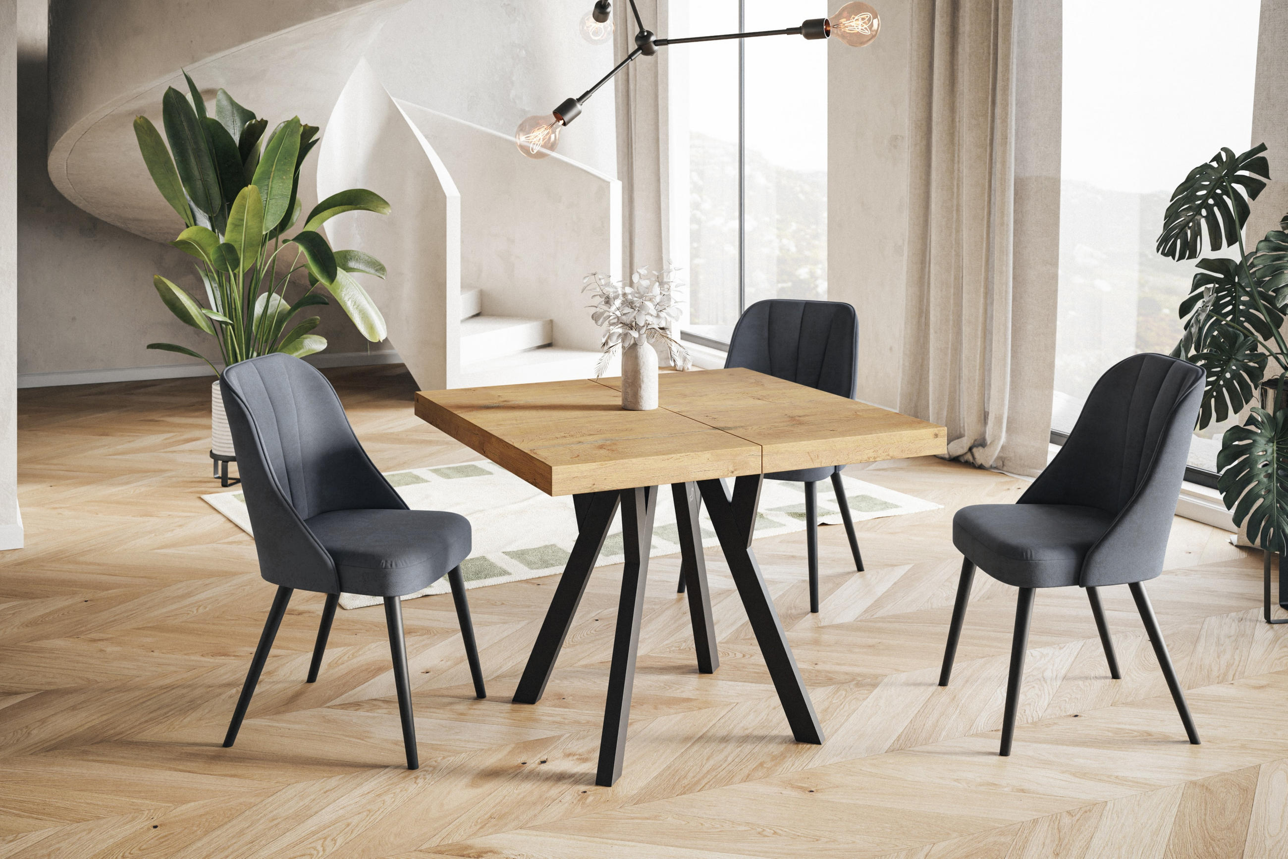 ESSZIMMERTISCH RICO, ausziehbarer Tisch120-220X120X77 cm, Farbe: LANCELOT, mit Holzbeinen in Farbe Schwarz - Beige/Schwarz, Holzwerkstoff (120/120/77cm) - Alpi-Möbel