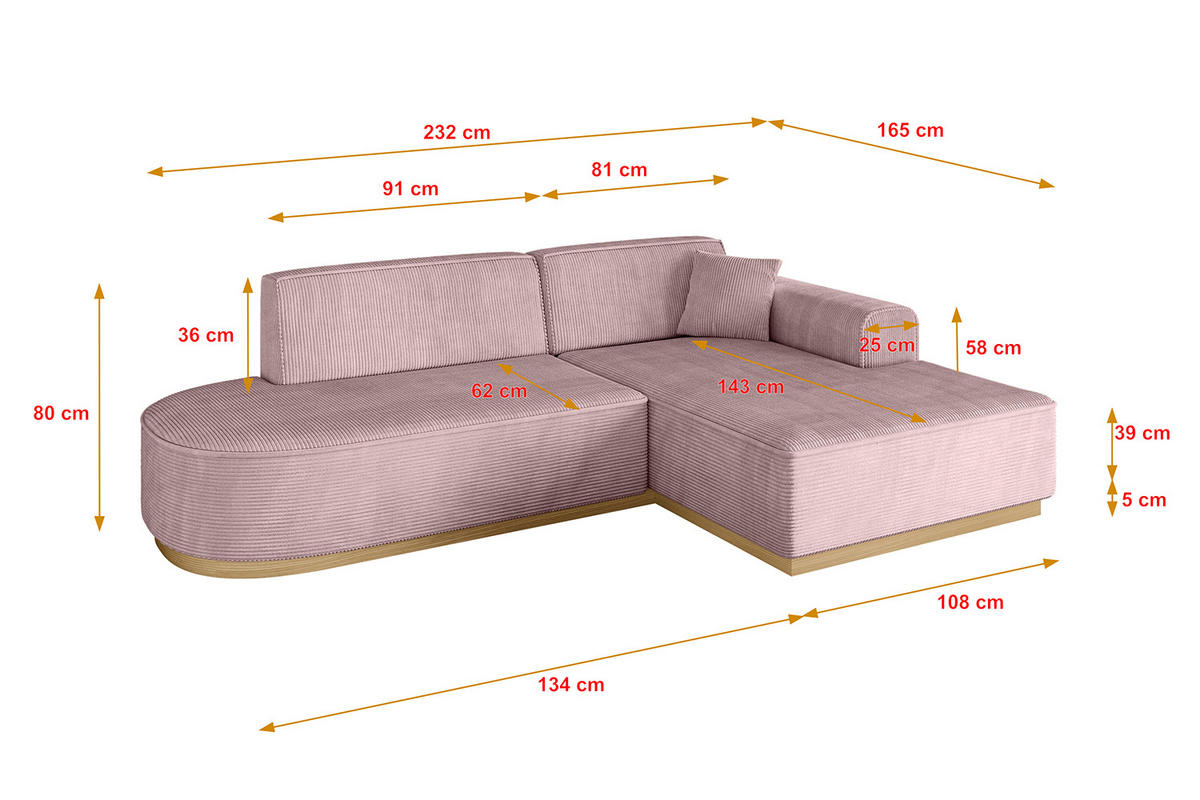 ECKSOFA Ottomane Rechts IREA-L1-v2 - 232x165x80 cm Rosa - Rosa, Holzwerkstoff/Textil (232/165cm) - ALTDECOR