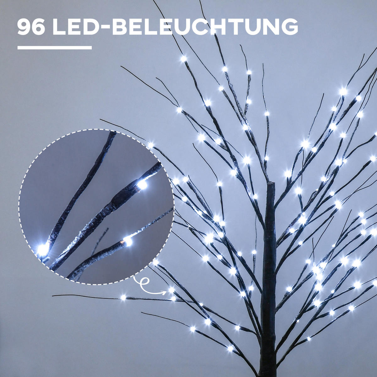 KÜNSTLICHE Birke mit LED-Beleuchtung, 96 warmweiße Mikro-LEDs, 150 cm, Braun - Braun, Kunststoff (22/150/22cm) - HOMCOM