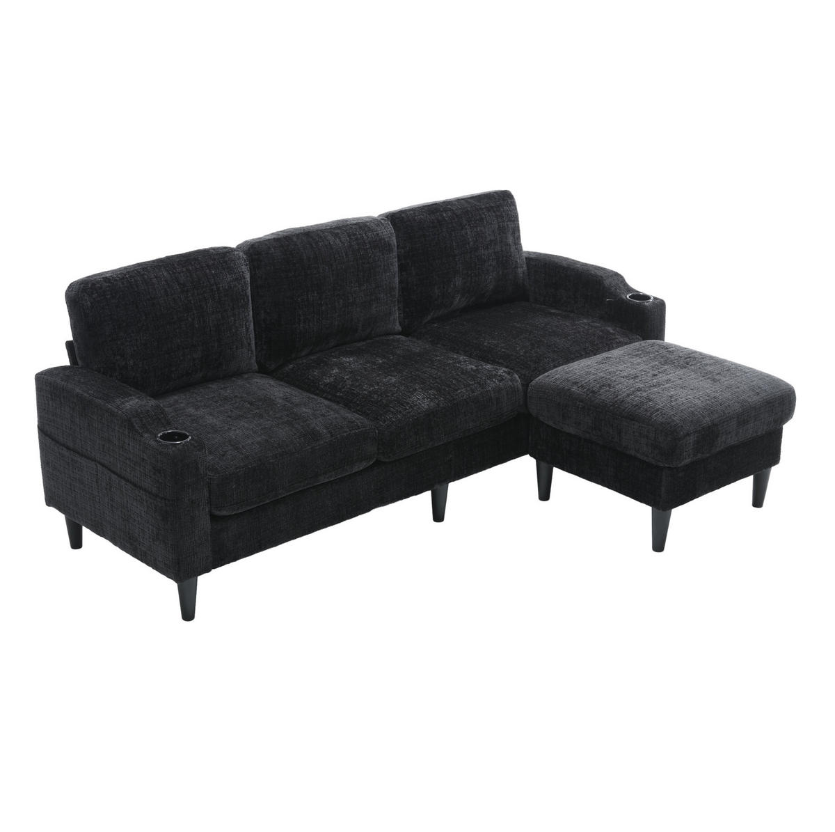 SOFA 4-Sitzer mit Hocker ca. 196,5 x 75 x 77 cm Chenille Black - Schwarz, Kunststoff (196.5/77/75cm) - Meubliv