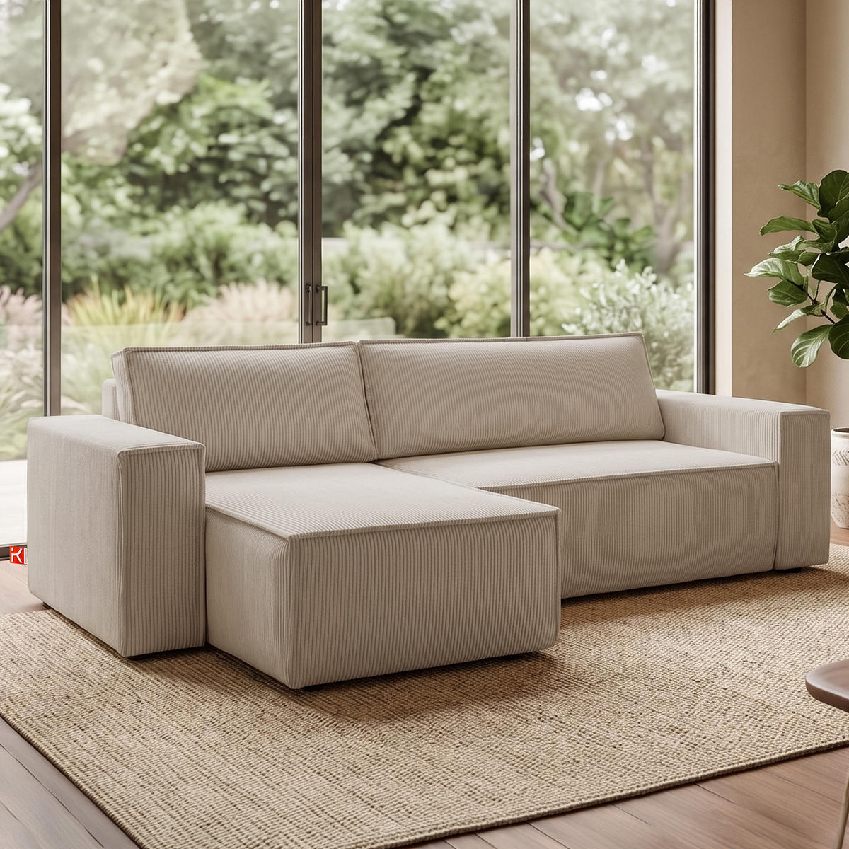 ECKSOFA-LINKS/RECHTS NAPI Schlaffunktion mit Cordbezug, Beige - Beige/Schwarz, Textil (262/148cm) - KONSIMO®