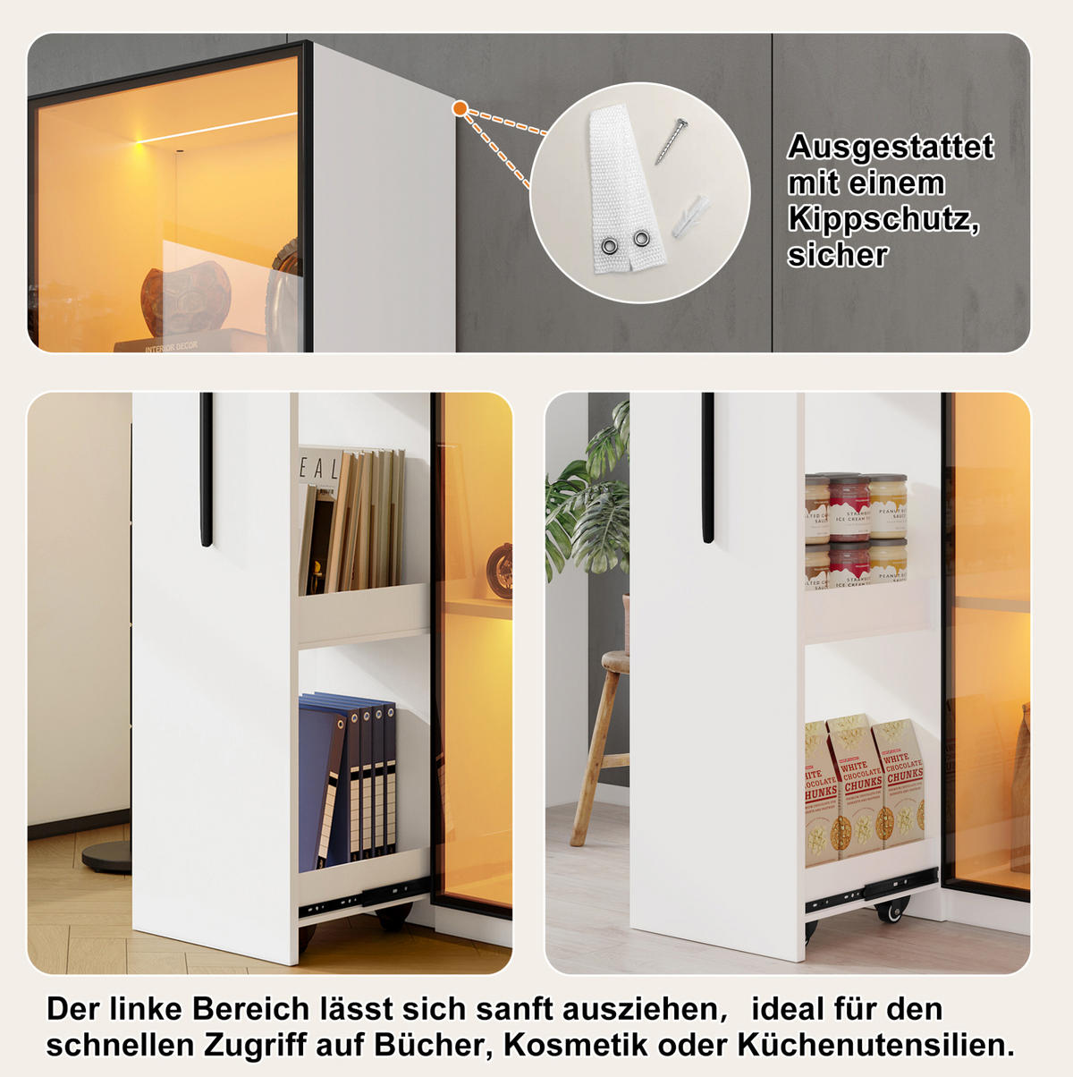 VITRINE 70/40/160 cm aus MDF mit ausziehbarem Bücherregal und LED-Beleuchtung Weiß - Weiß, Holzwerkstoff (70/160/40cm) - Modenvie