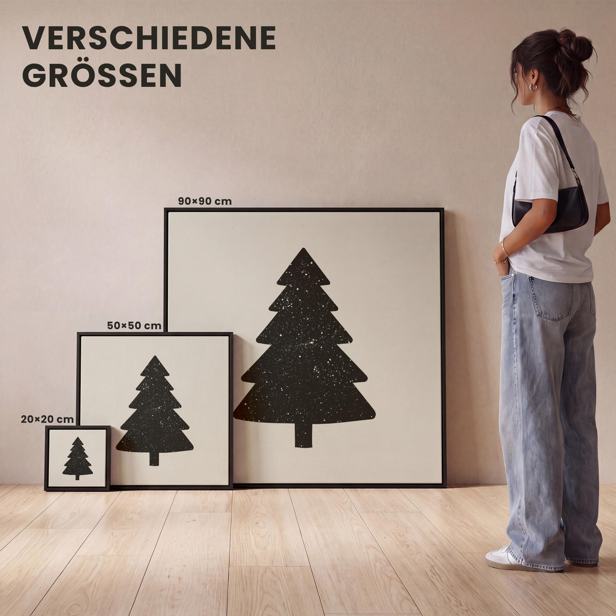 LEINWAND Bilder mit Rahmen - Weihnachtsbaum - Schwarz - Urlaub - Beige - 20x20 - Schwarz, Textil (20/20cm) - MuchoWow