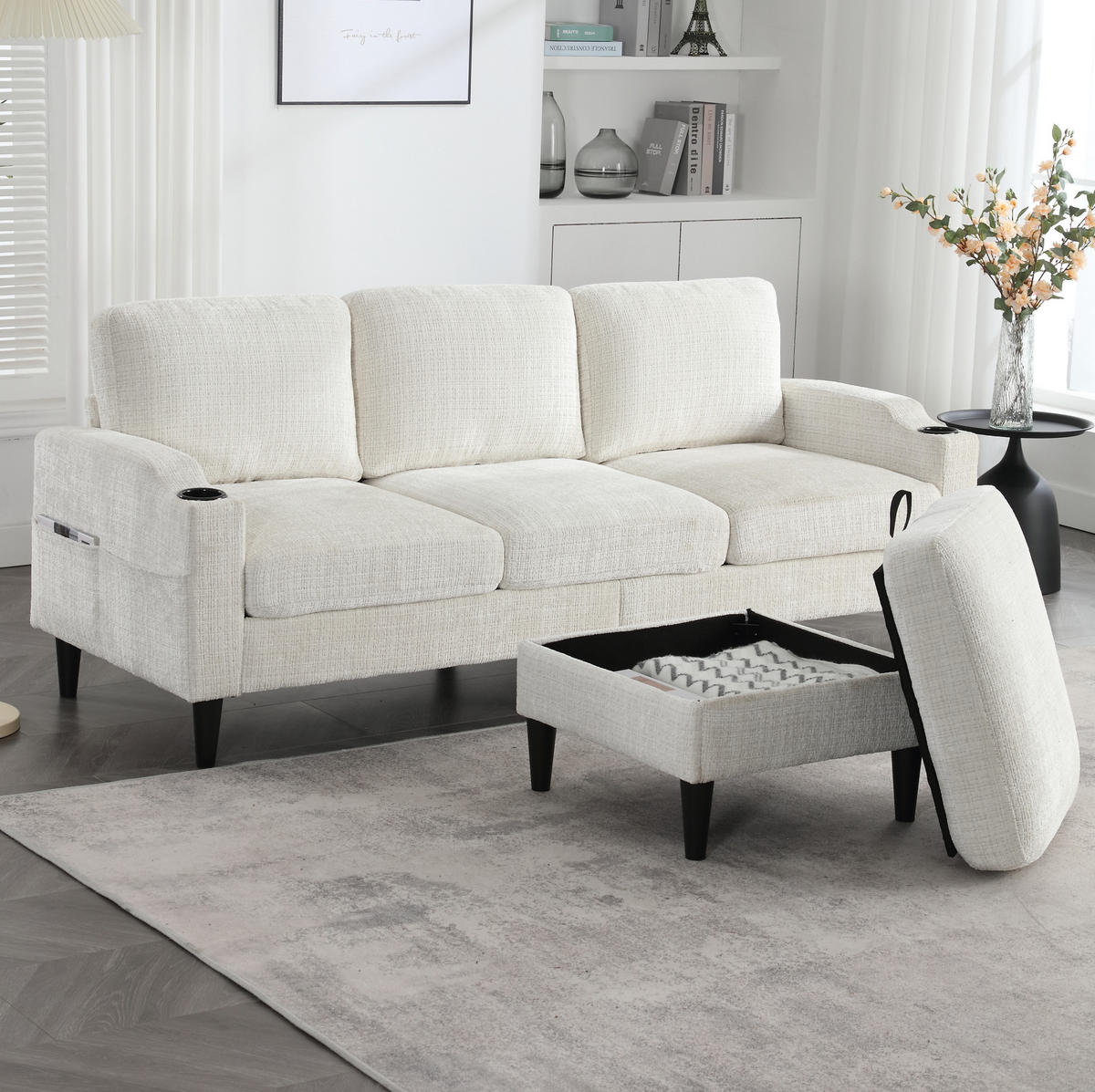 SOFA 4-Sitzer mit Hocker und Stauraum 196,5 x 75 x 77 cm Beige - Beige, Kunststoff (196.5/77/75cm) - Meubliv