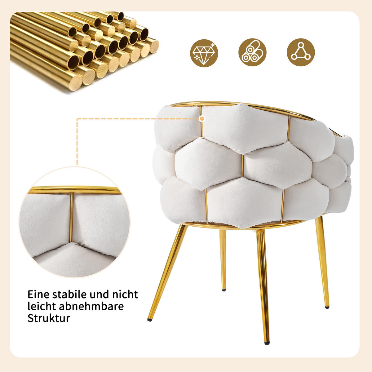 ESSZIMMERSTUHL 1-Tlg Samt Beige, Gold Beine, Modern - Beige, Textil (50/80/47cm) - FLIEKS