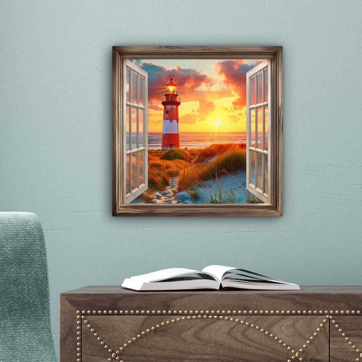 LEINWANDBILD Aussicht - Fenster - Leuchtturm - Sonnenuntergang - Strand 20x20 cm - Dunkelorange, Textil (20/20cm) - MuchoWow